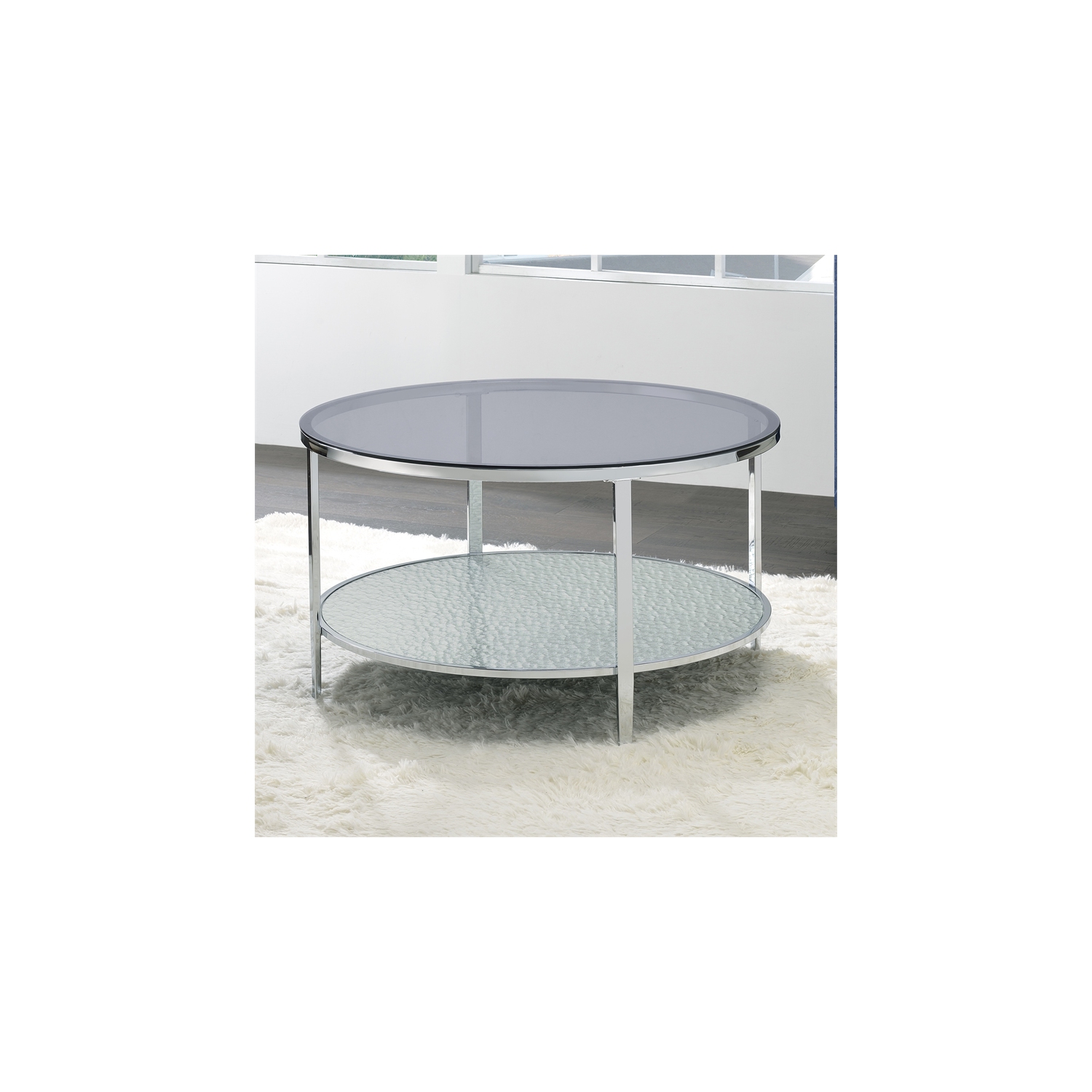 Frostine Round Chrome and Tempered Glass Cocktail Table