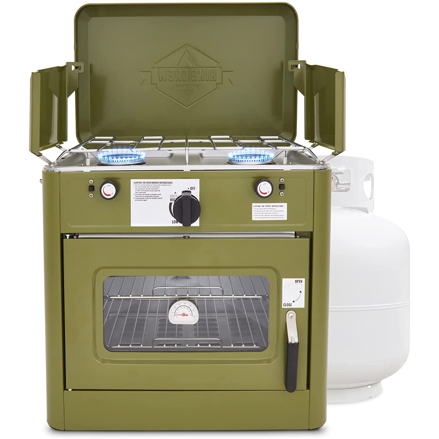 Hike Crew 2-in-1 Gas Camping Portable Propane Stove & Oven with Grill and Integrated Igniter, Green