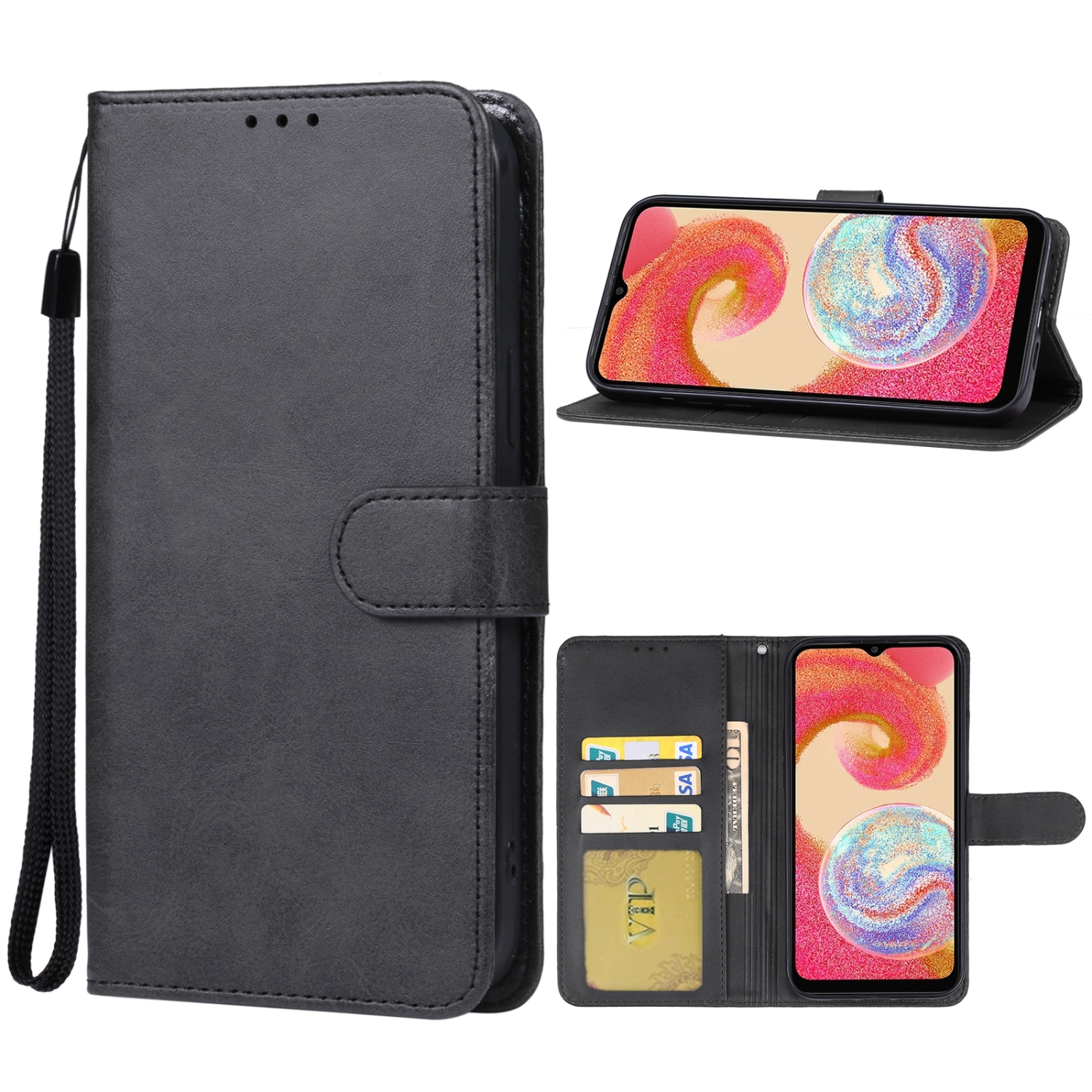 [CS] Samsung Galaxy A04E Case, Magnetic Leather Folio Wallet Flip Case Cover with Card Slot, Black