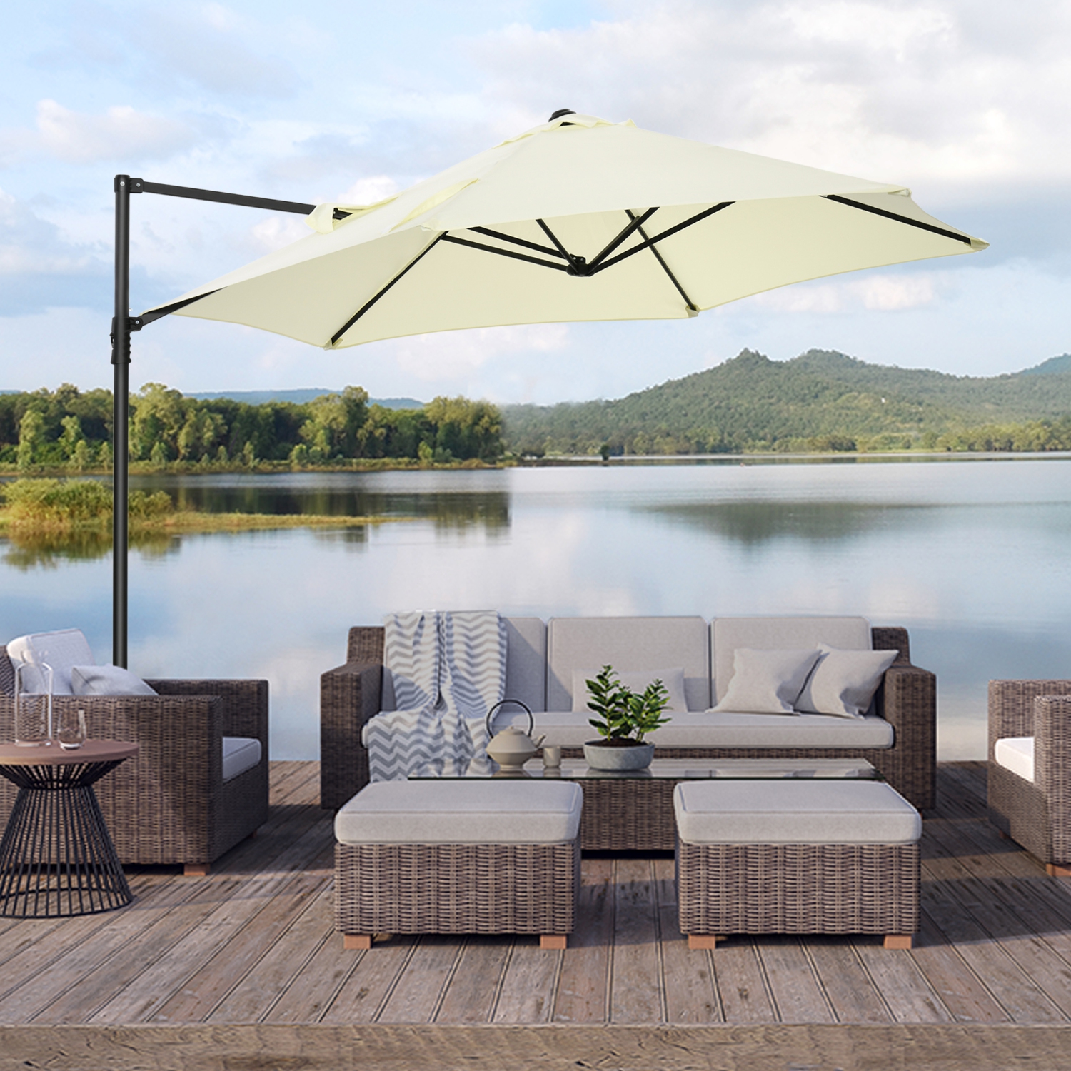 Outsunny 8.5FT Offset Patio Umbrella with 360° Rotation, Outdoor Cantilever Roma Parasol Hanging Sun Shade Canopy Shelter with Cross Base, Beige