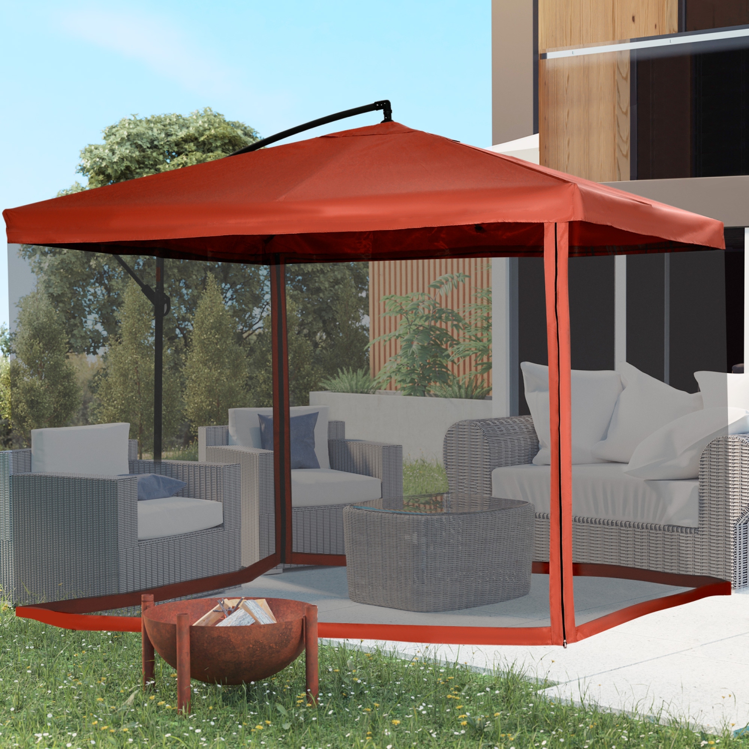 Outsunny Offset Patio Umbrella with Net and Umbrella Base, Adjustable Cantilever Canopy with Cross Base, Weight Plates and 8 Ribs for Backyard,