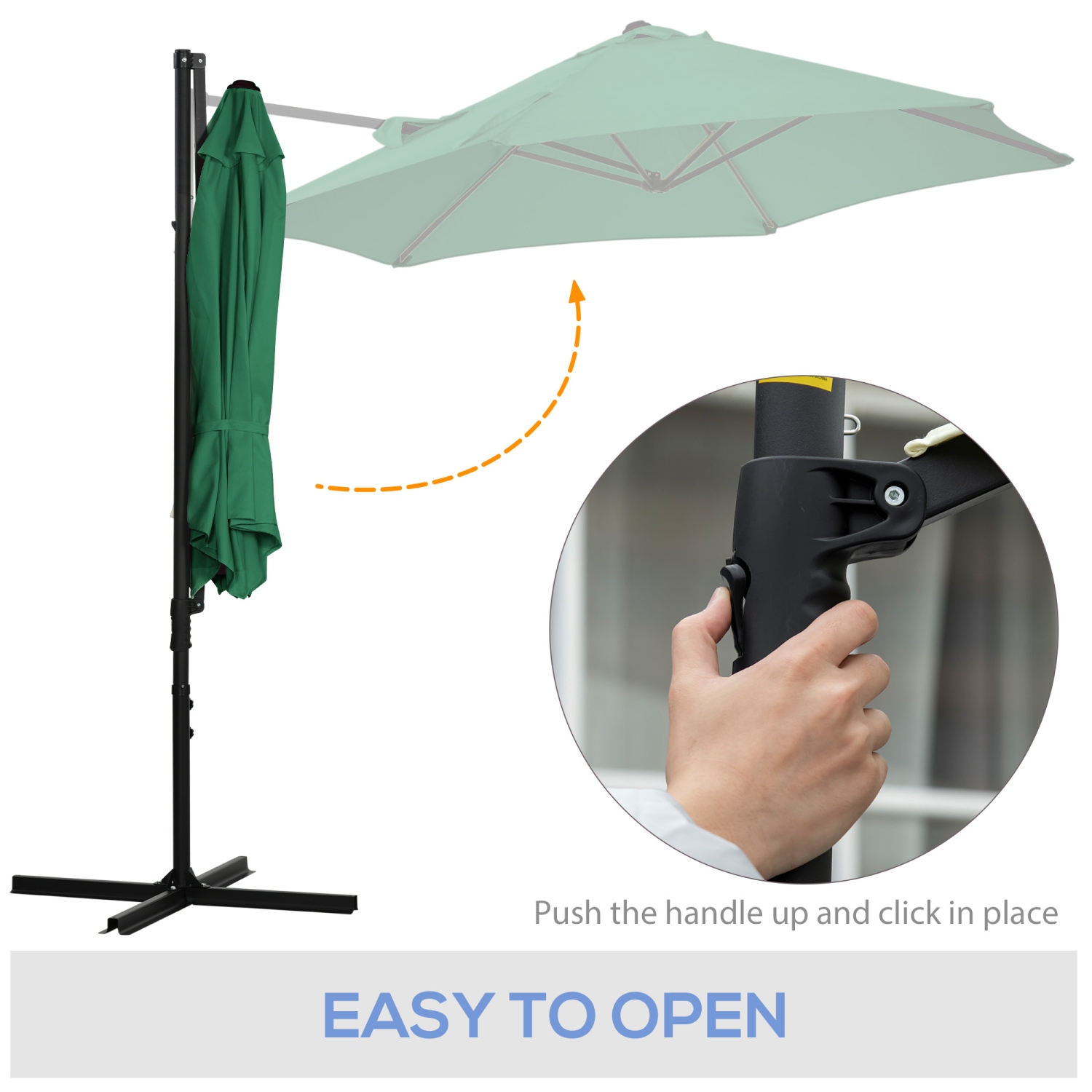 Parasol excentré de 8,5FT pi Outsunny avec rotation de 360°, abri pare-soleil suspendu parasol Roma parasol en porte-à-faux avec base croisée, vert