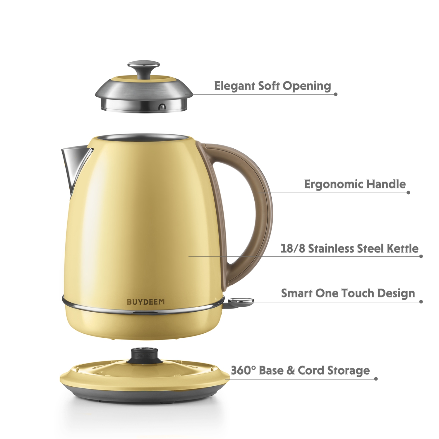 BUYDEEM K640 Stainless Steel Electric Tea Kettle with Auto Shut-Off and Boil Dry Protection, 1.7 Liter Cordless Hot Water Boiler with Swivel Base,