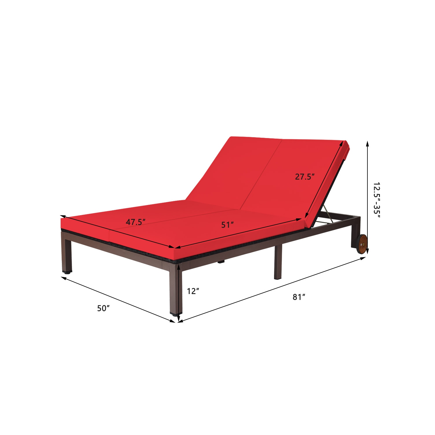 Topbuy 2-Person Patio Rattan Recliner Chair Chaise Lounge Daybed with Wheels & Cushion White