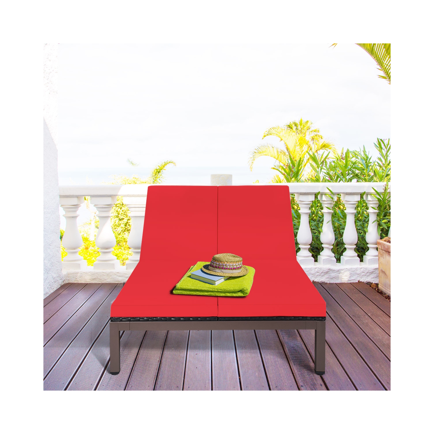 Topbuy 2-Person Patio Rattan Recliner Chair Chaise Lounge Daybed with Wheels & Cushion White