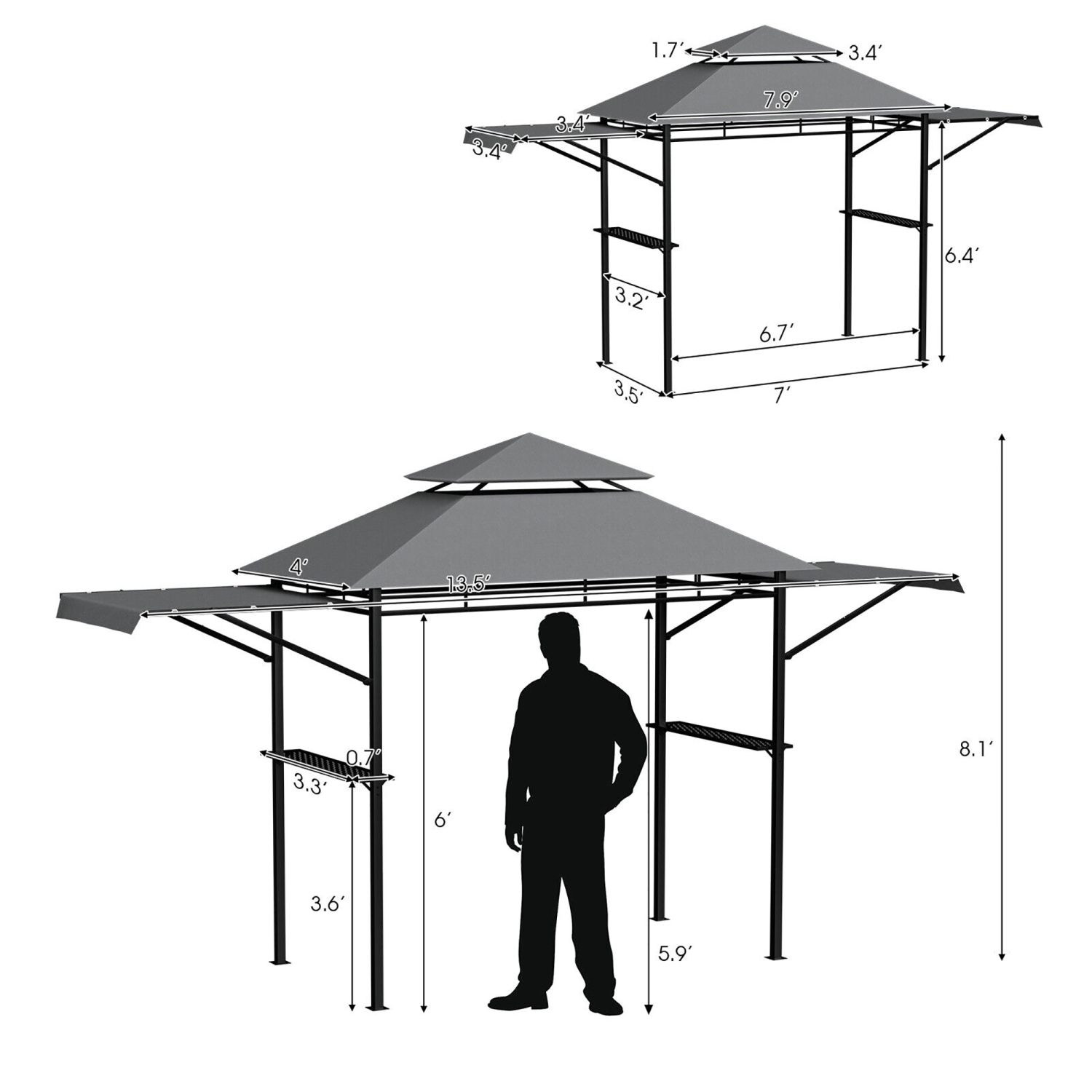 Gymax 13.5' x 4' Patio BBQ Grill Gazebo Side Awnings Shelves 2-Tier Canopy Outdoor