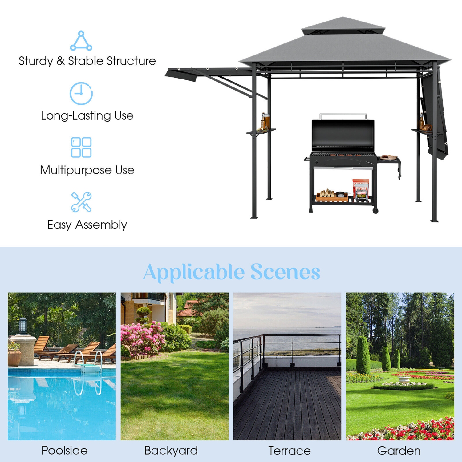 Gymax 13.5' x 4' Patio BBQ Grill Gazebo Side Awnings Shelves 2-Tier Canopy Outdoor