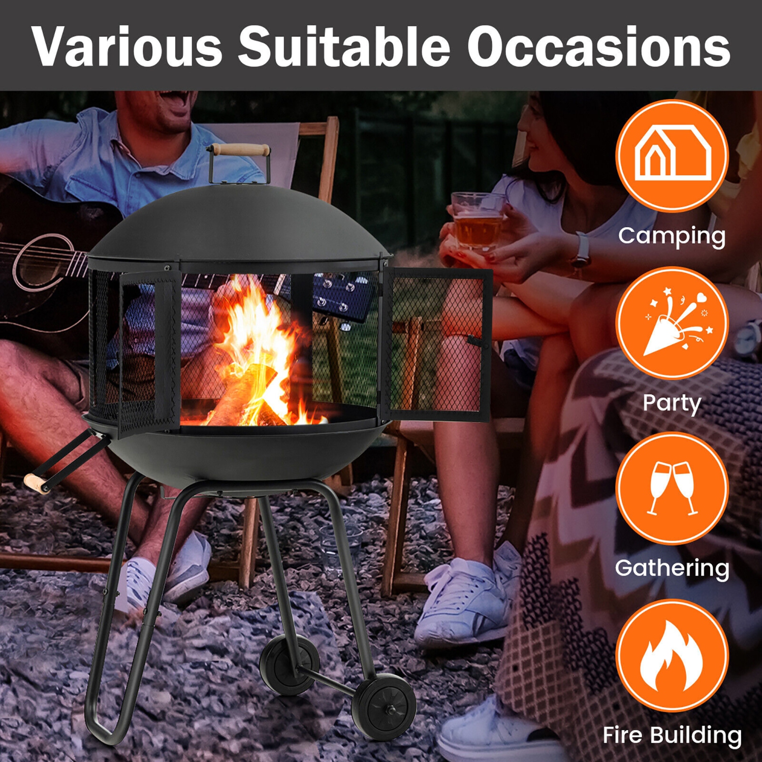 Gymax 28'' Patio Rolling Fire Pit Wood Burning Firepit w/ Wheels Mobile Fireplace