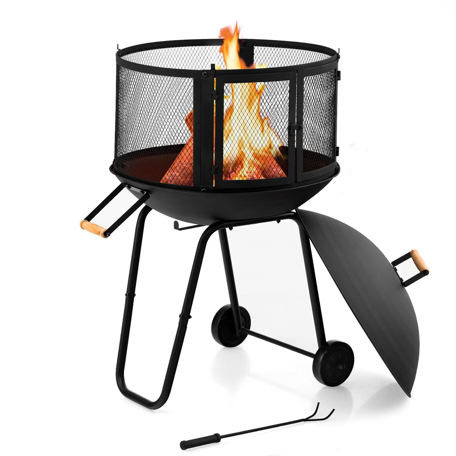 Gymax 28'' Patio Rolling Fire Pit Wood Burning Firepit w/ Wheels Mobile Fireplace
