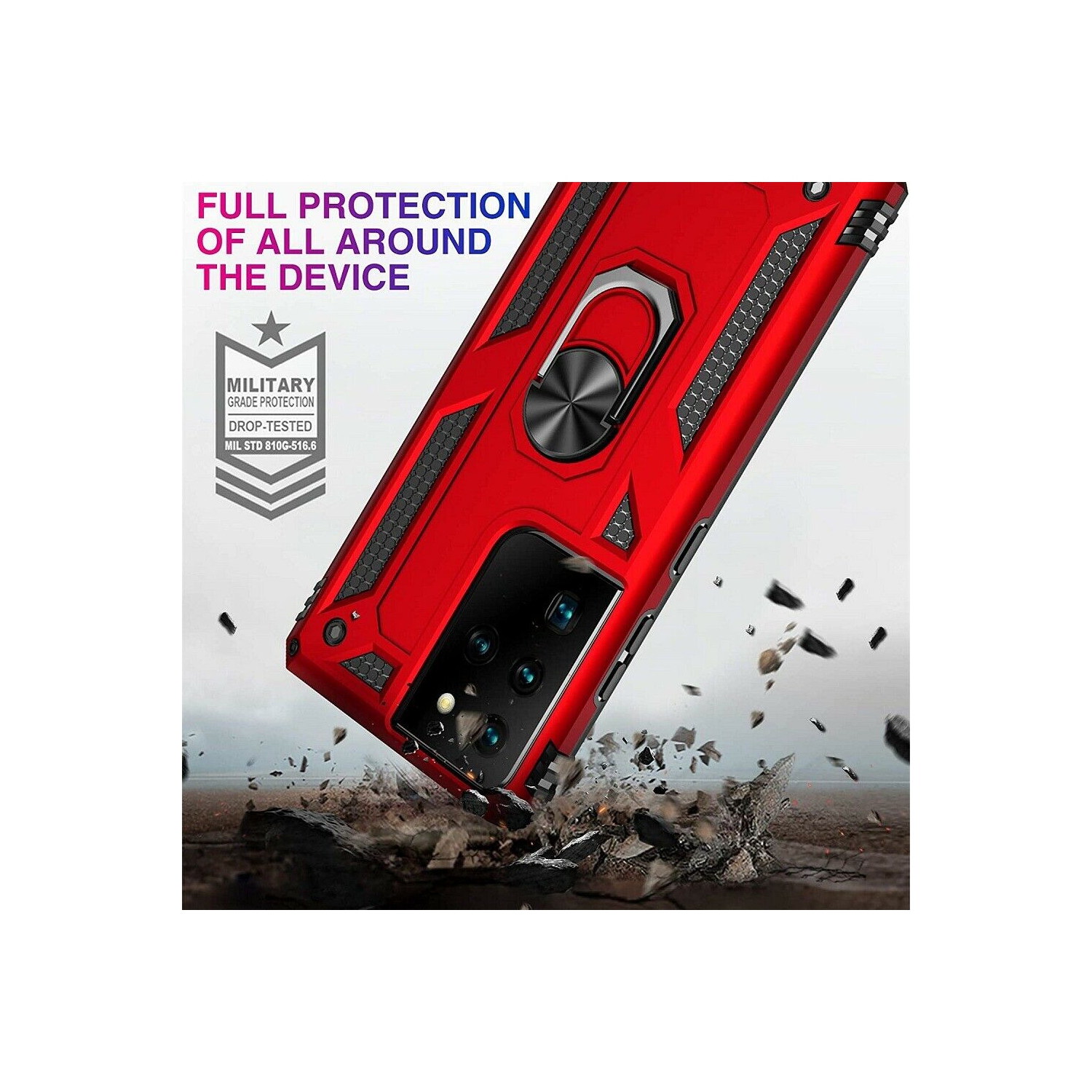 Samsung Galaxy S21 Plus 5G Case Red Military Grade 360 Degree Rotating Metal Magnetic Ring Car Mount Holder Kickstand Shockproof Heavy Duty Cover