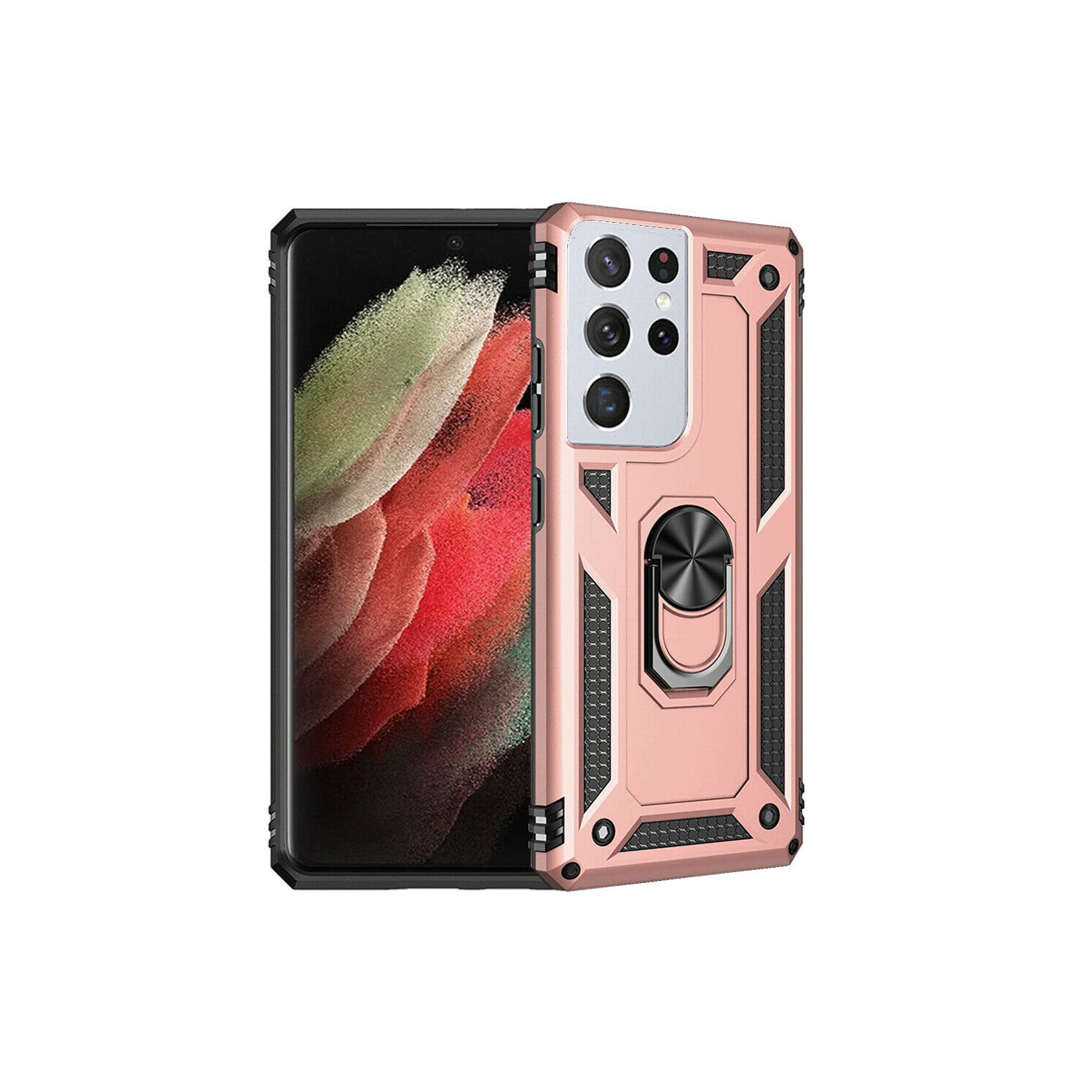 Samsung Galaxy S21 Plus 5G Case Red Military Grade 360 Degree Rotating Metal Magnetic Ring Car Mount Holder Kickstand Shockproof Heavy Duty Cover