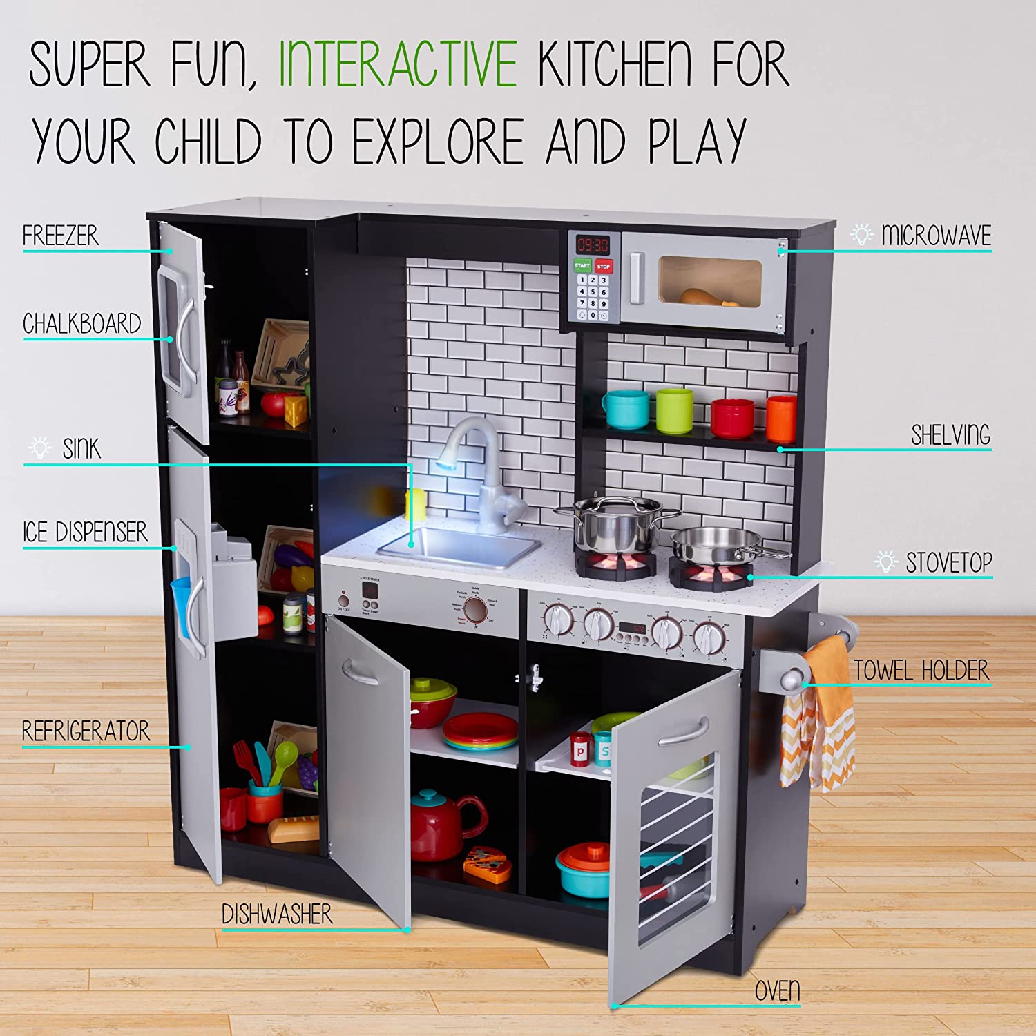 Lil' Jumbl Kitchen Set for Kids, Pretend Wooden Play Kitchen Set, Realistic Sound & More - Charcoal