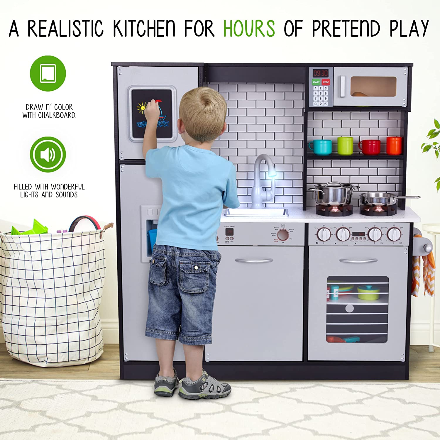 Lil' Jumbl Kitchen Set for Kids, Pretend Wooden Play Kitchen Set, Realistic Sound & More - Charcoal