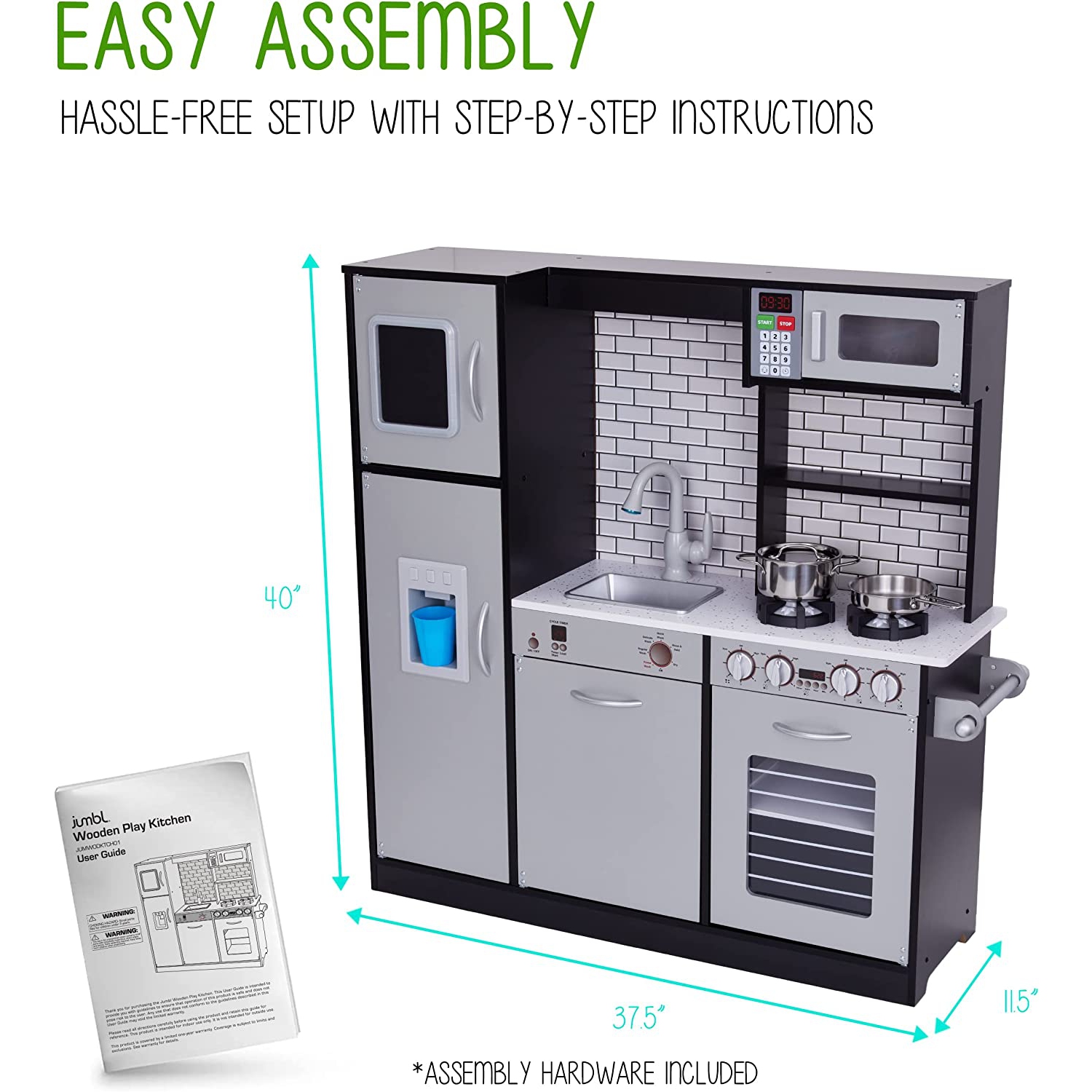 Lil' Jumbl Kitchen Set for Kids, Pretend Wooden Play Kitchen Set, Realistic Sound & More - Charcoal