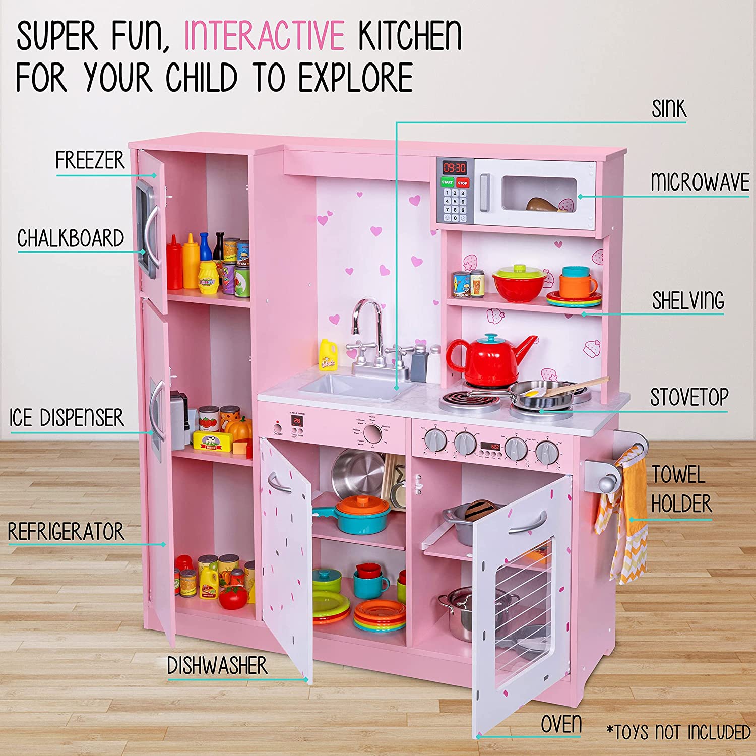 Lil' Jumbl Kitchen Set for Kids, Pretend Wooden Play Kitchen Set, Realistic Sound, Pots & Pan - Pink