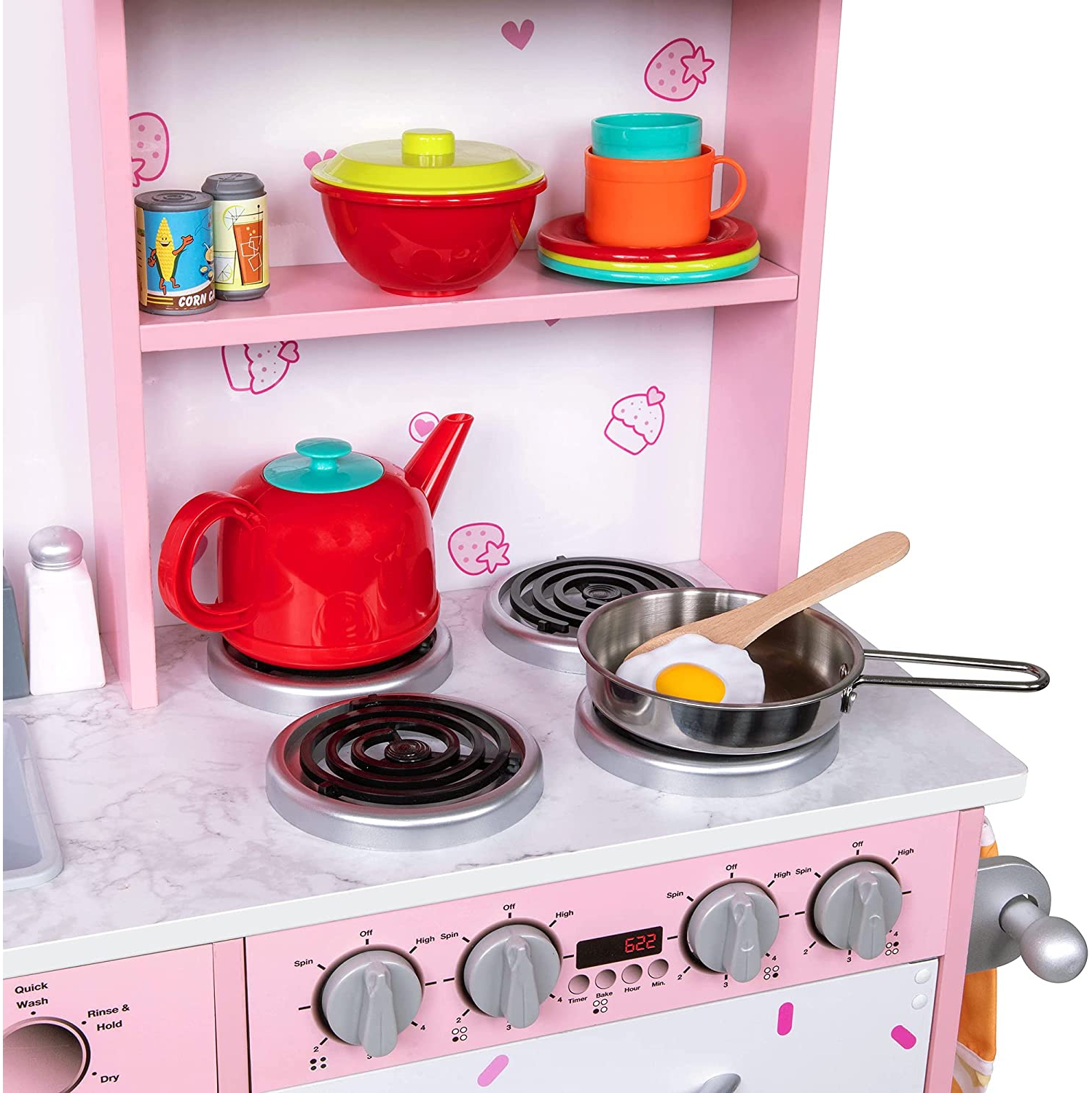 Lil' Jumbl Kitchen Set for Kids, Pretend Wooden Play Kitchen Set, Realistic Sound, Pots & Pan - Pink