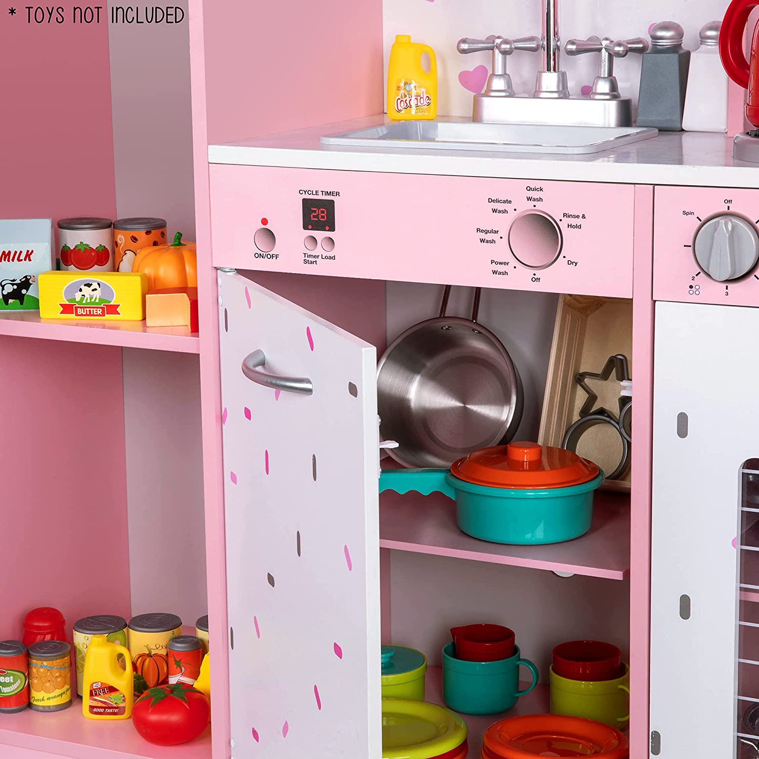 Lil' Jumbl Kitchen Set for Kids, Pretend Wooden Play Kitchen Set, Realistic Sound, Pots & Pan - Pink