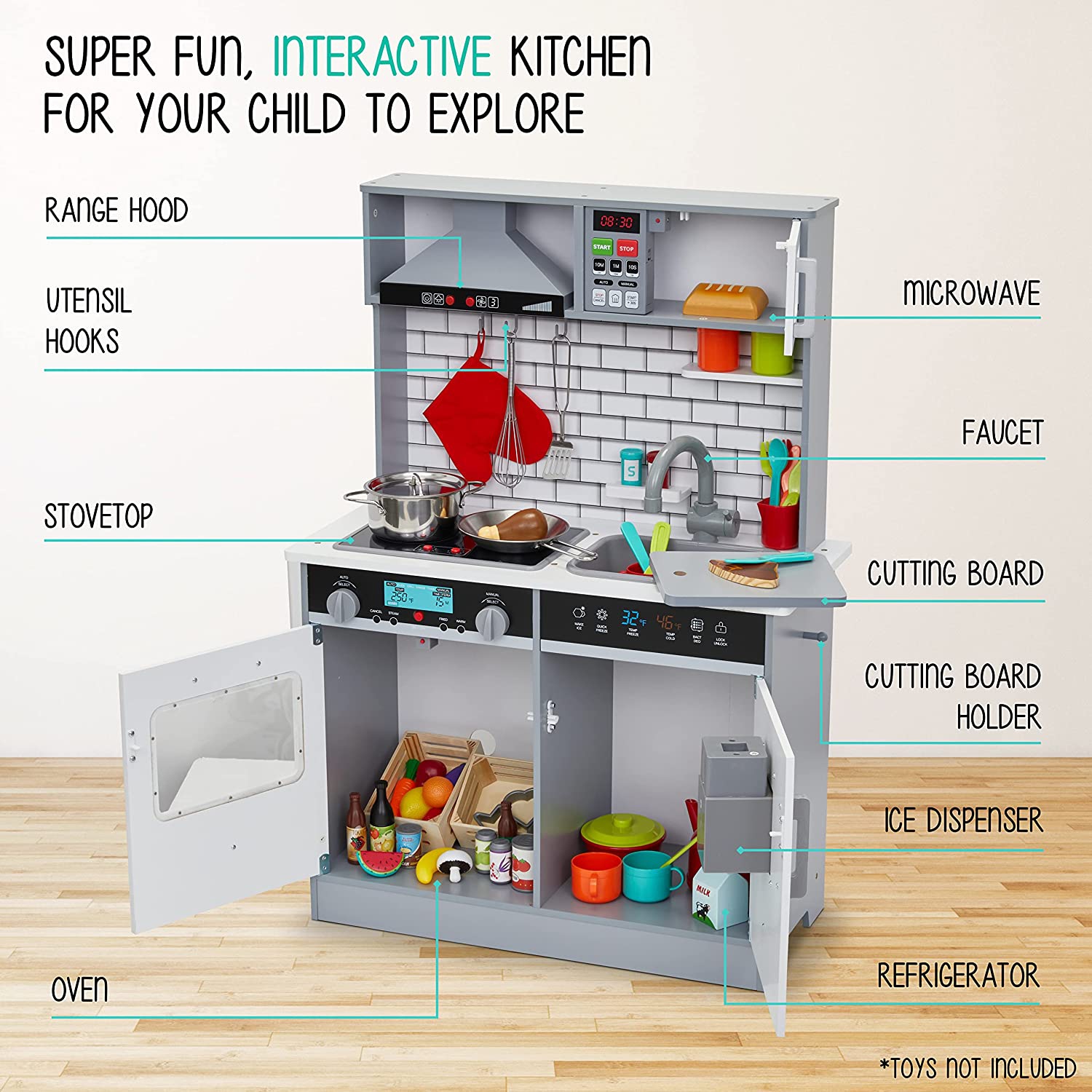 Lil’ Jumbl Ensemble de cuisine pour enfants Cuisine interactive Pretend Wooden Play Kitchen