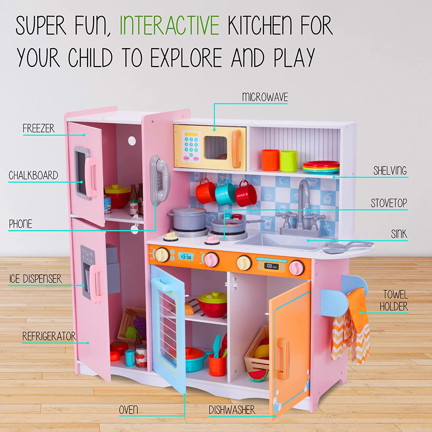 Lil' Jumbl Kitchen Set for Kids, Jeu de cuisine en bois, son réaliste et plus encore - Coloré