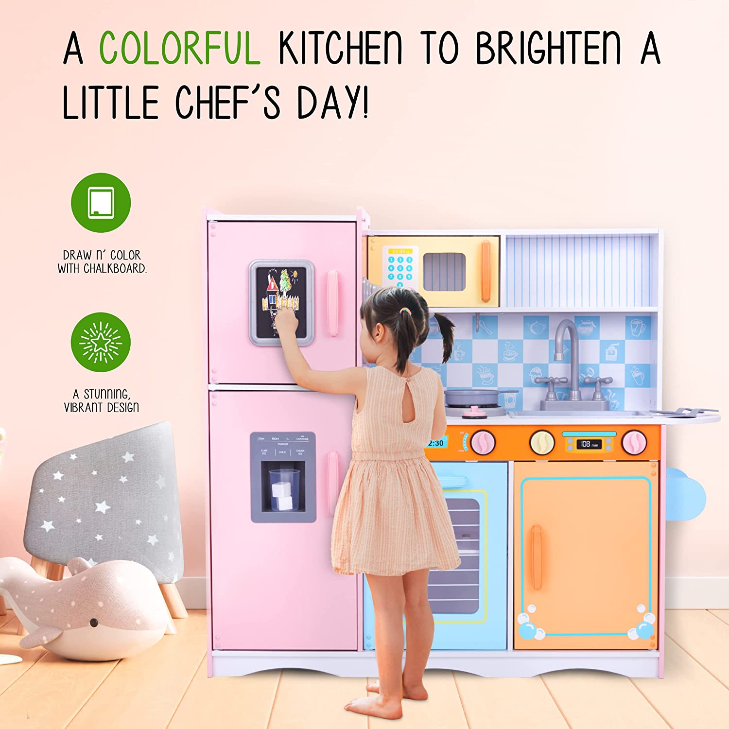 Lil' Jumbl Kitchen Set for Kids, Jeu de cuisine en bois, son réaliste et plus encore - Coloré