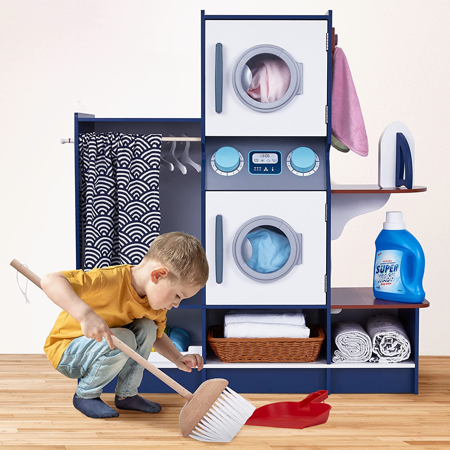 Lil’ Jumbl – Ensemble de jeux avec laveuse et sécheuse pour enfants, ensemble de buanderie en bois pour enfants