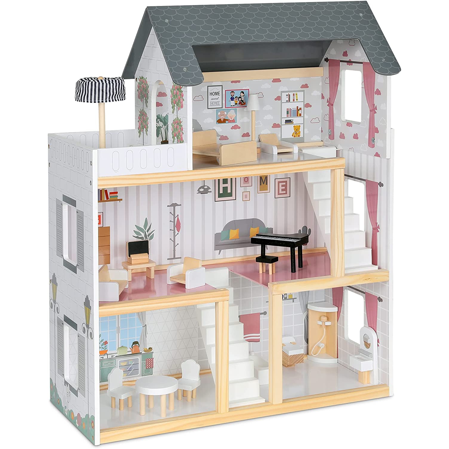 Lil Jumbl Kids 3-Floor Wooden Dollhouse with 2 Staircases and 17-Piece