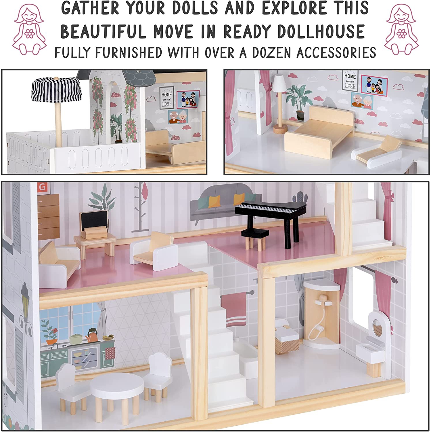 Lil Jumbl Kids 3-Floor Wooden Dollhouse with 2 Staircases and 17-Piece