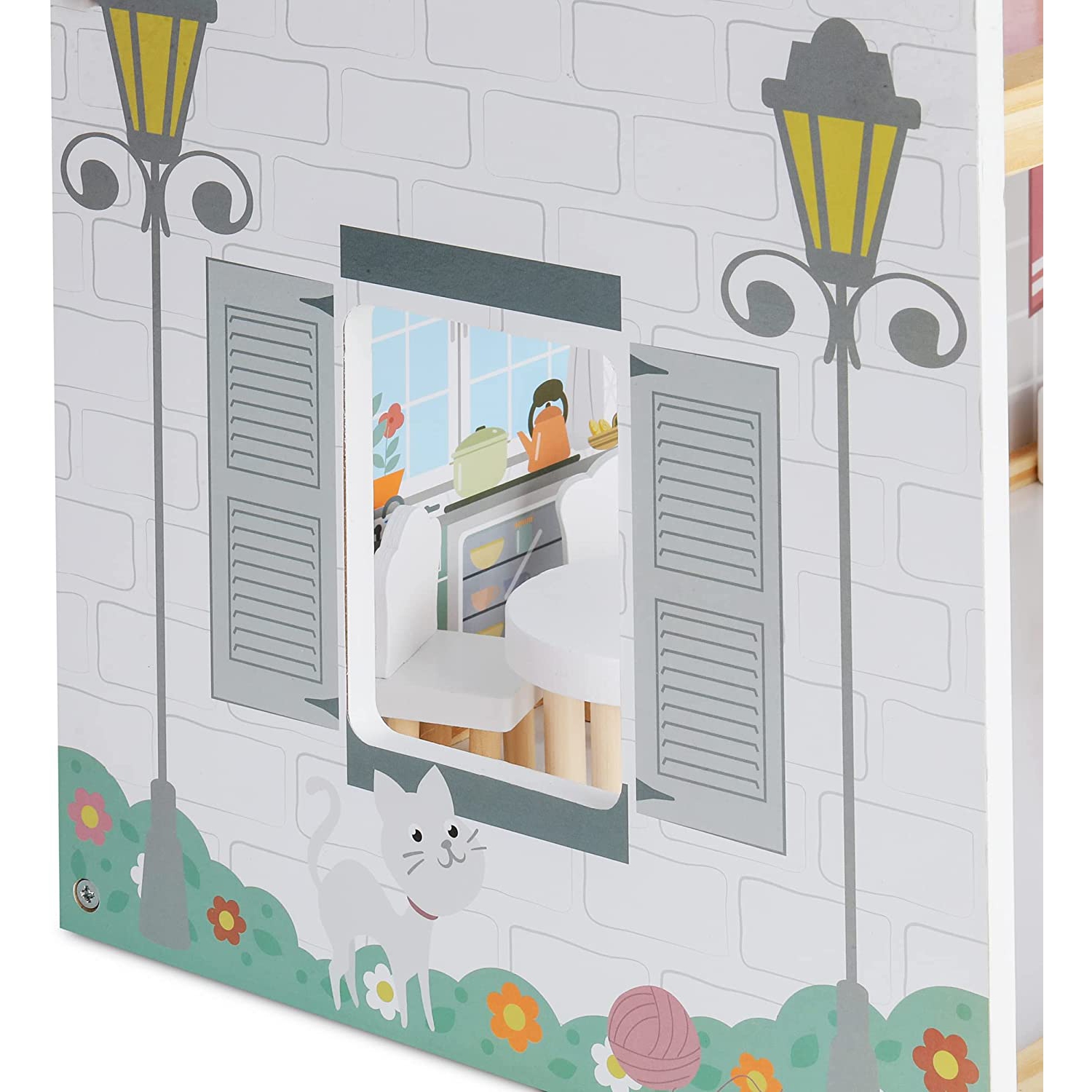 Lil Jumbl Kids 3-Floor Wooden Dollhouse with 2 Staircases and 17-Piece