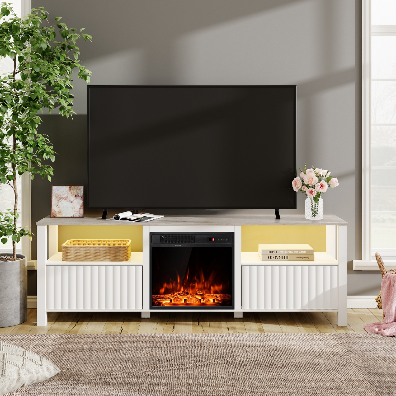 Fireplace TV Stand for 75 Inch TV Entertainment Center, White LED Farmhouse Wood TV Console Table for 80/70/65 inch TV with 4 Storages for Living