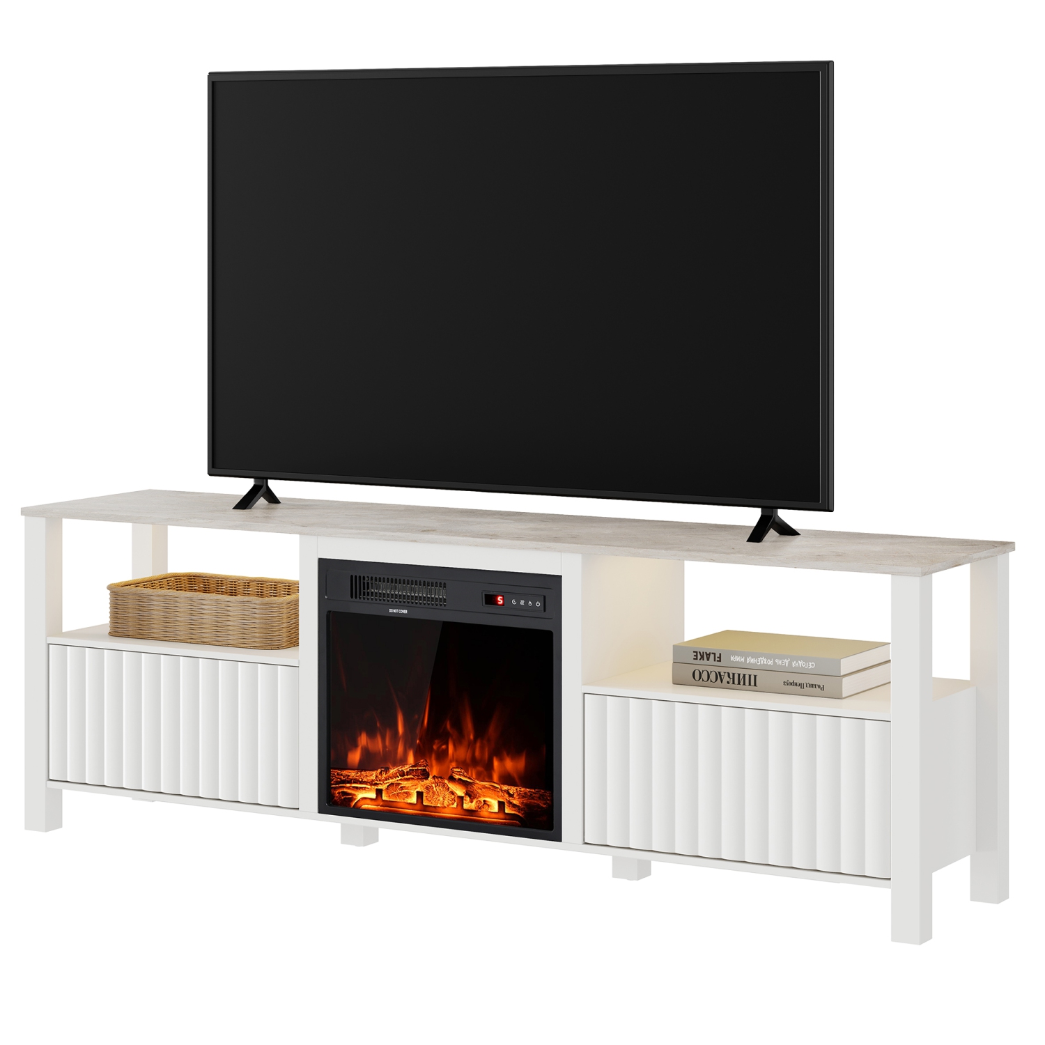 Fireplace TV Stand for 75 Inch TV Entertainment Center, White LED Farmhouse Wood TV Console Table for 80/70/65 inch TV with 4 Storages for Living