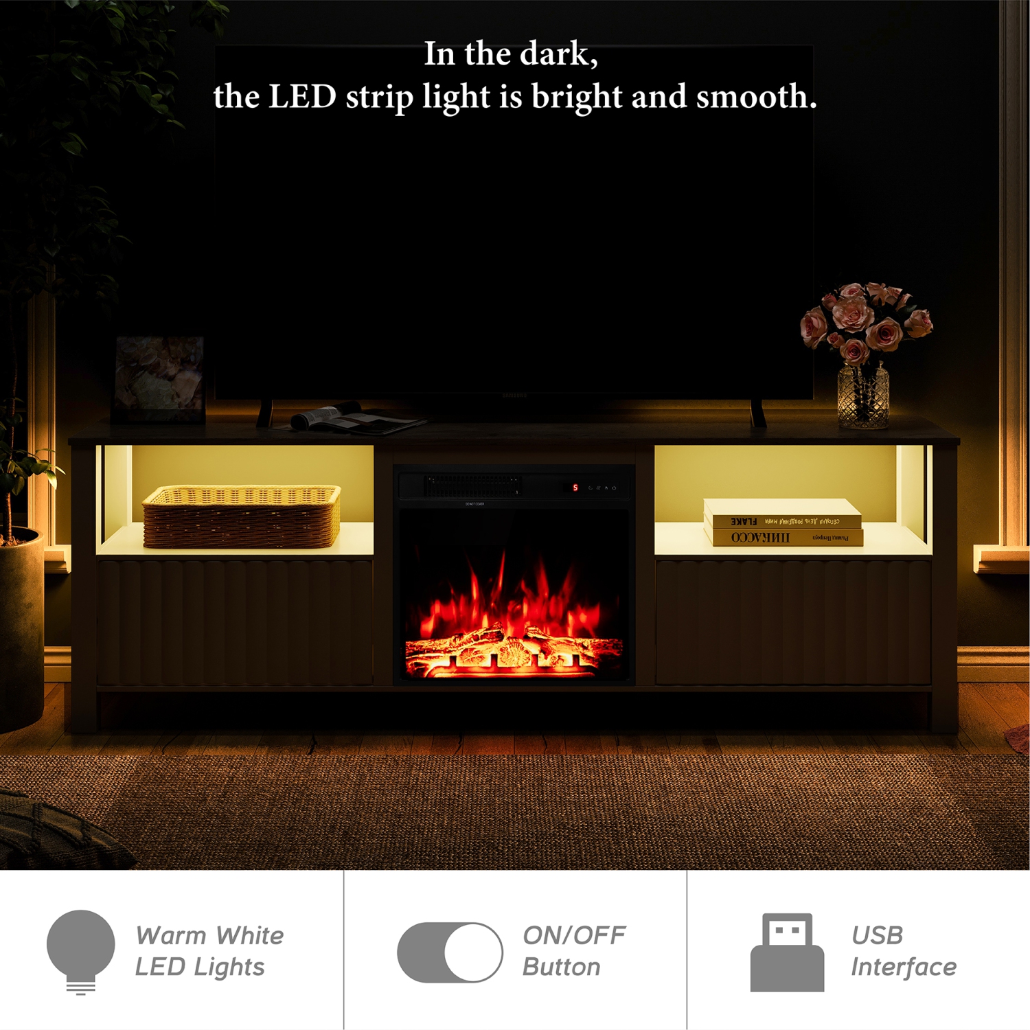 Fireplace TV Stand for 75 Inch TV Entertainment Center, White LED Farmhouse Wood TV Console Table for 80/70/65 inch TV with 4 Storages for Living