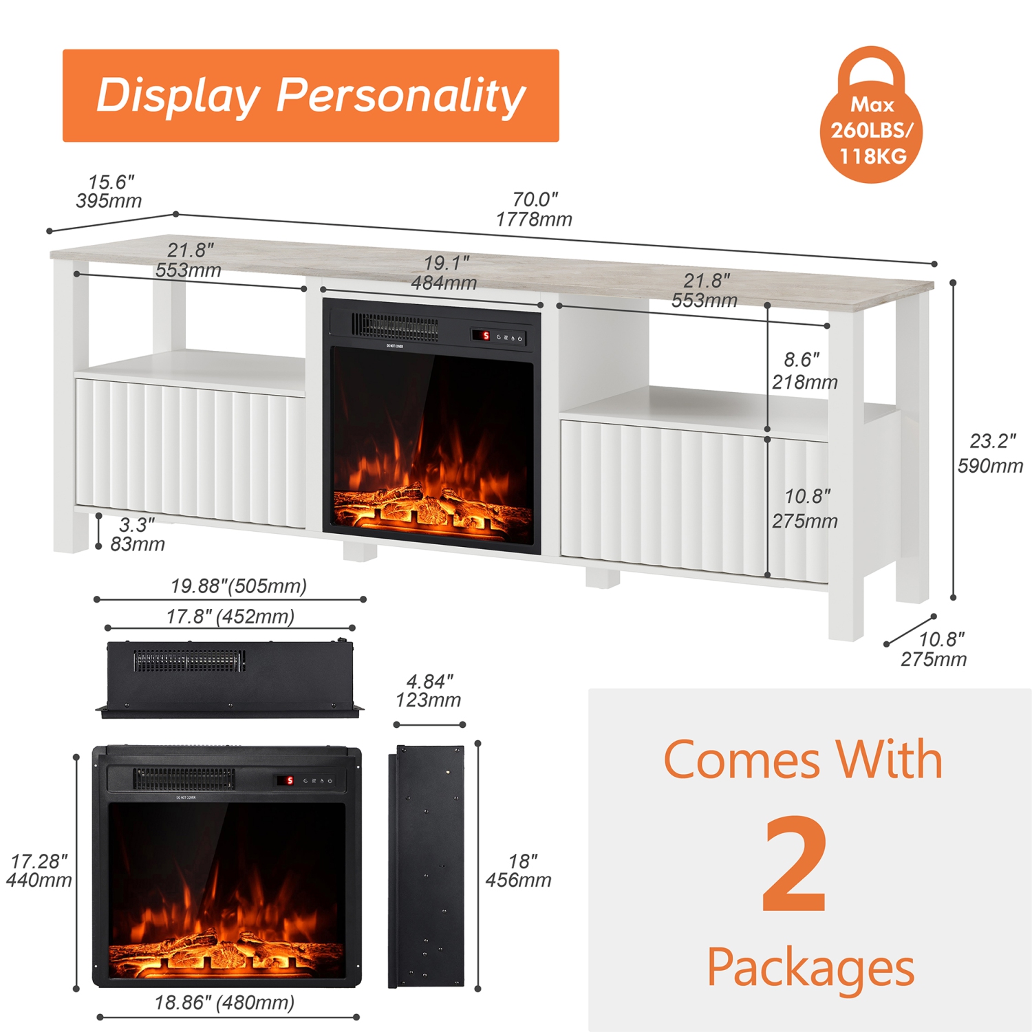 Fireplace TV Stand for 75 Inch TV Entertainment Center, White LED Farmhouse Wood TV Console Table for 80/70/65 inch TV with 4 Storages for Living
