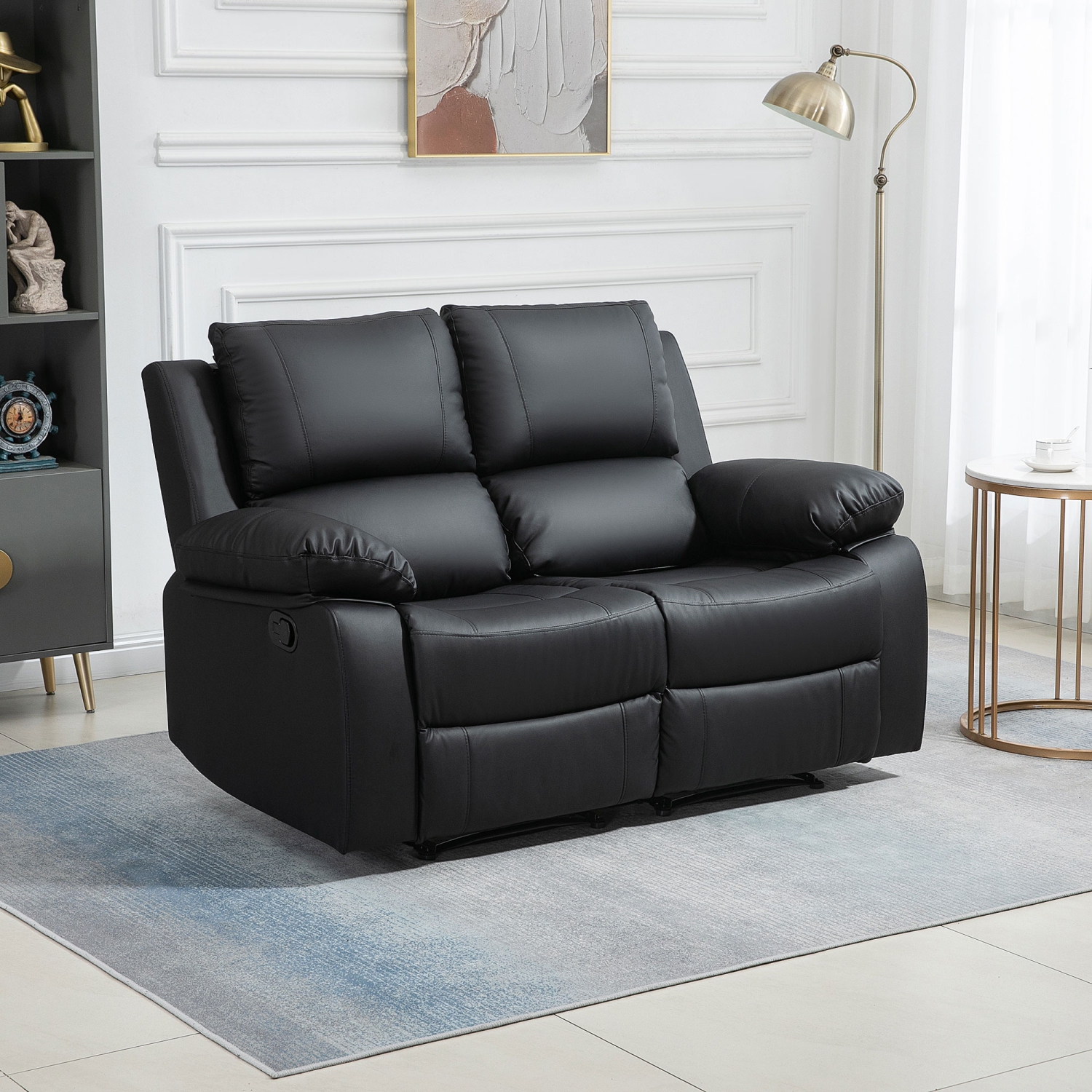 HOMCOM Double Reclining Loveseat, PU Leather Manual Recliner Sofa Chair with Pullback Control Footrest for Living Room, Black