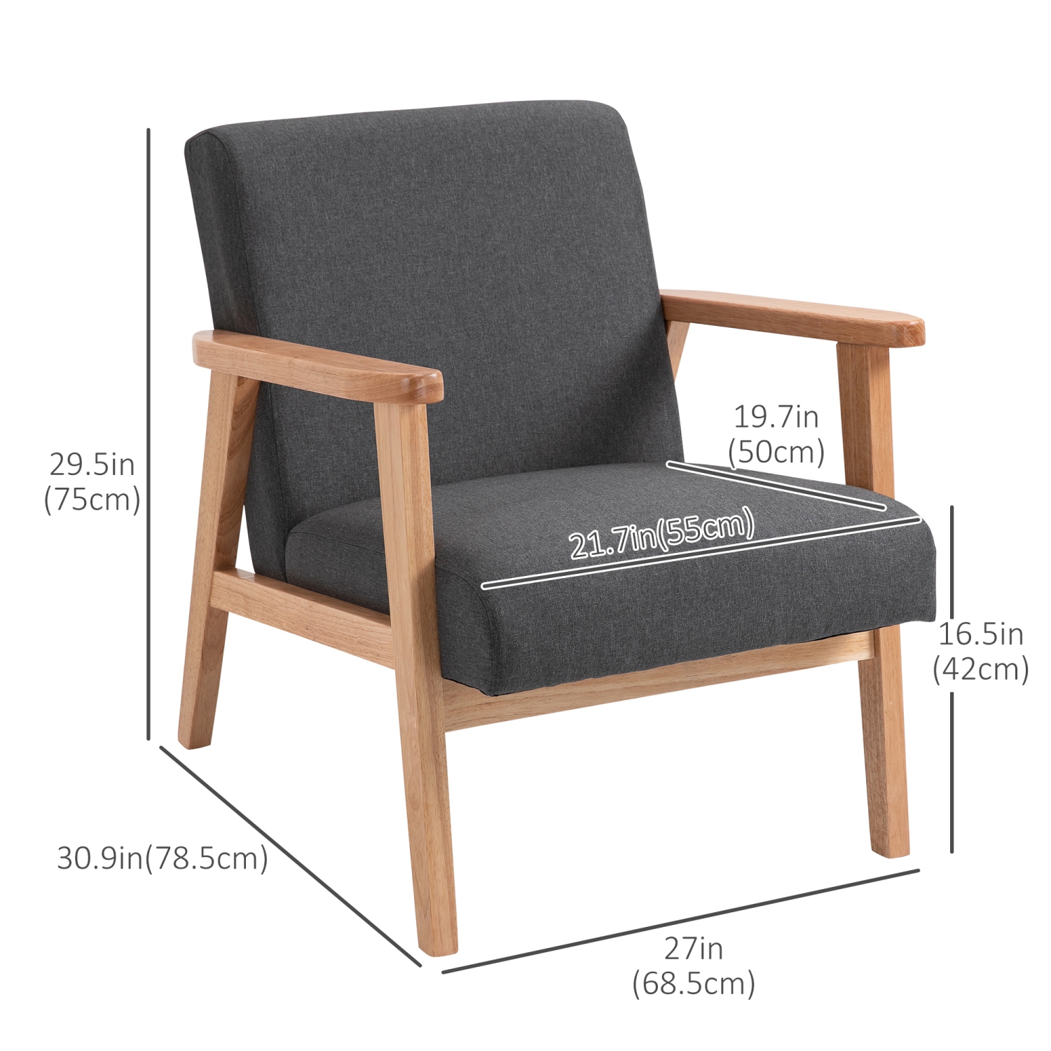 HOMCOM Fabric Accent Chair, Upholstered Armchair, Mid-Century Modern Living Room Chair with Wood Legs and Padded Cushion for Bedroom, Grey