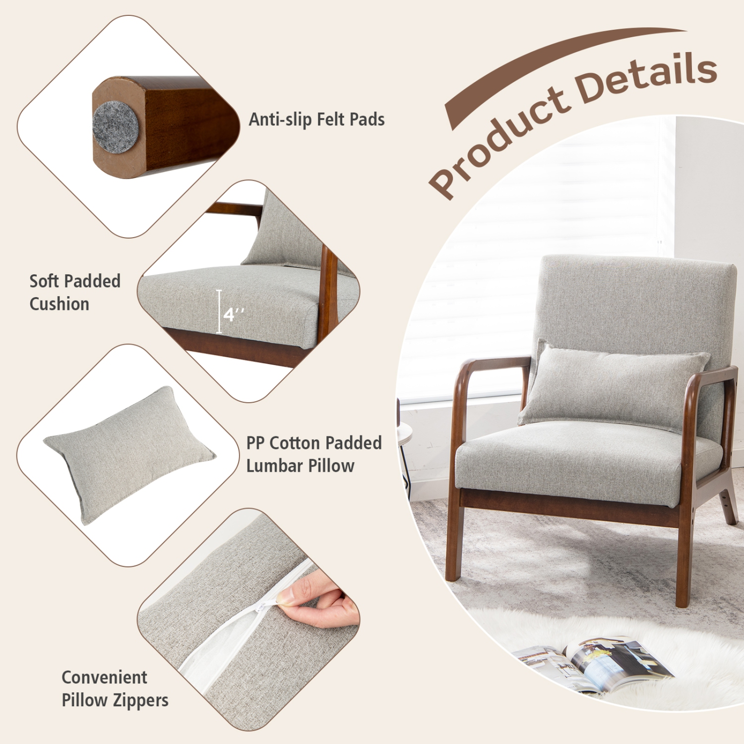 Costway Modern Accent Chair Leisure Armchair with Rubber Wood Frame & Lumbar Pillow