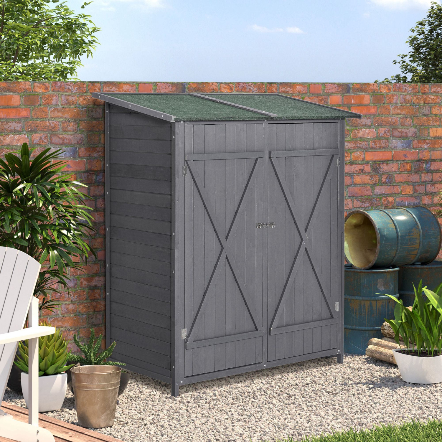 Outsunny 54.75''x29.5''x63'' Garden Storage Shed Asphalt Roof Wooden Timber Double Door Utility Storage House w/ Movable Shelf & Fixed Fittings,