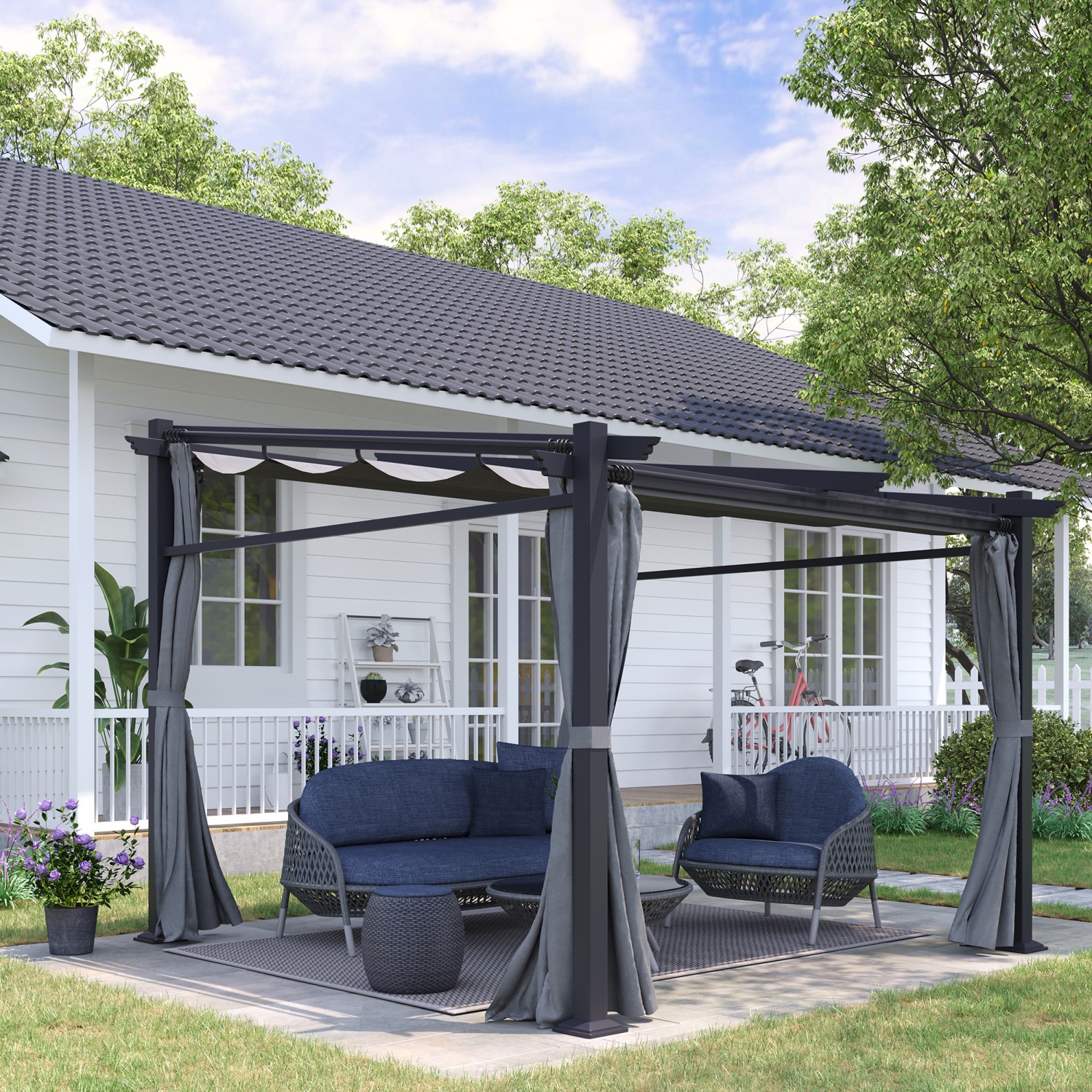 Outsunny 10' x 10' Metal Pergola with Sliding Roof Canopy, Retractable Pergola Canopy for Outdoor, Patio, Dark Grey