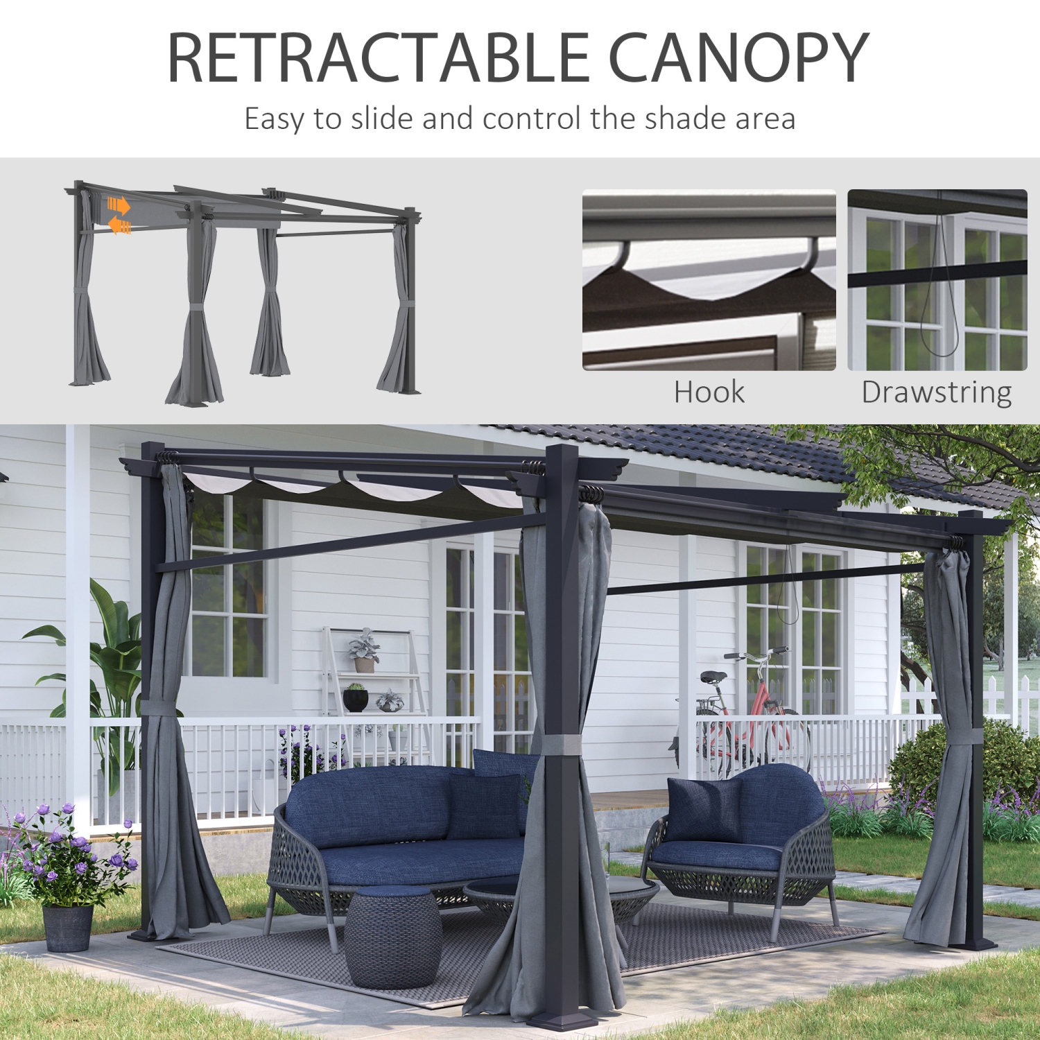 Outsunny 10' x 10' Metal Pergola with Sliding Roof Canopy, Retractable Pergola Canopy for Outdoor, Patio, Dark Grey