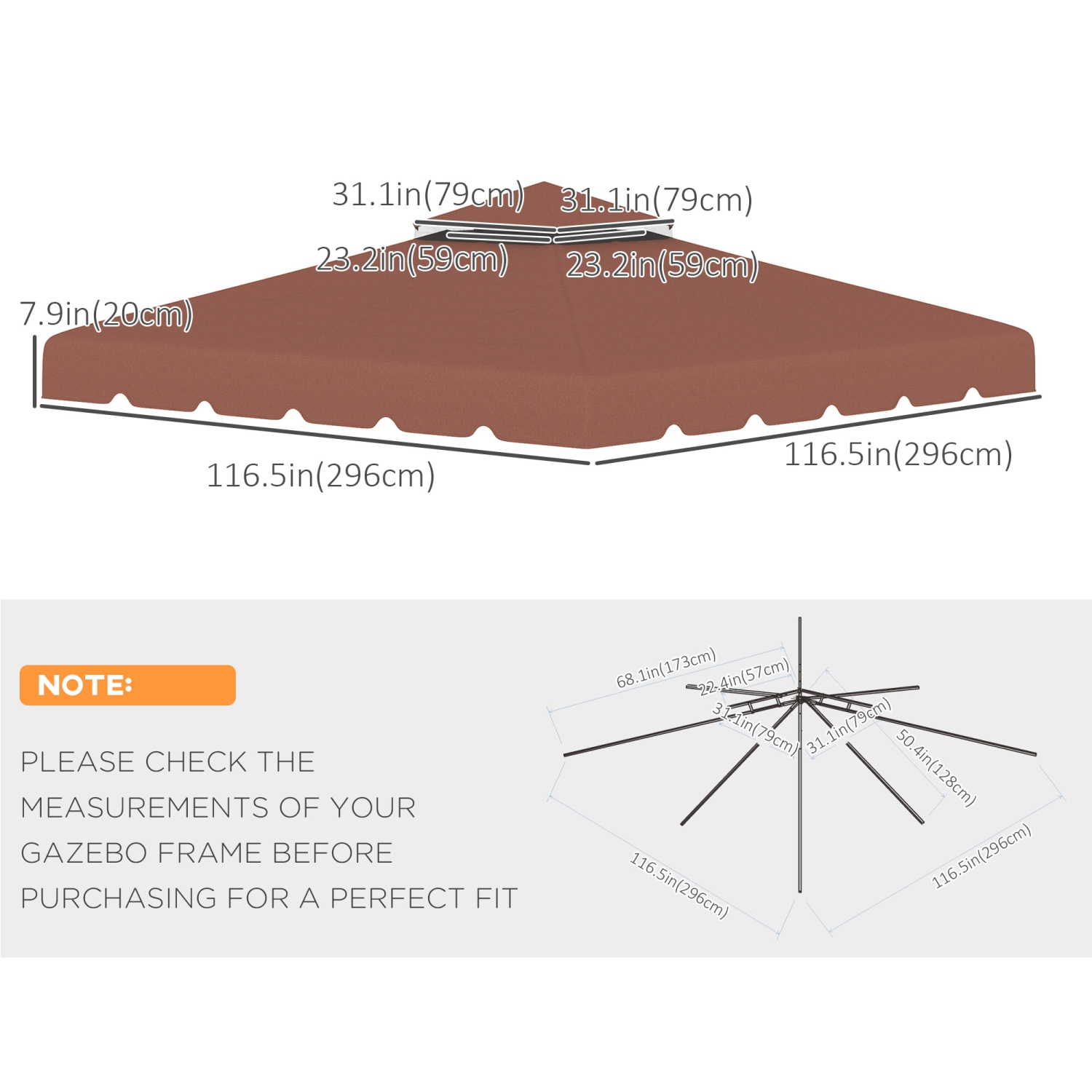 Outsunny 9.8' x 9.8' Gazebo Replacement Canopy, Gazebo Top Cover with Double Vented Roof for Garden Patio Outdoor, Coffee