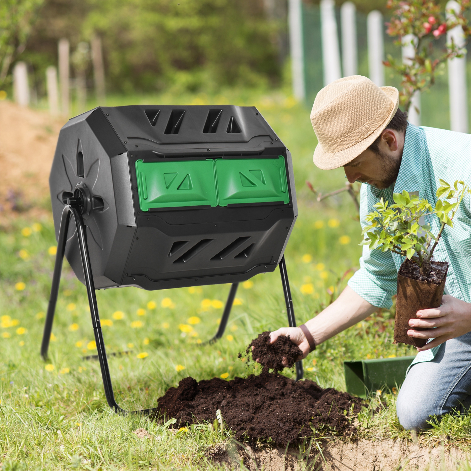 Outsunny – bac à compost d’extérieur de 43 gallons à double chambre pivotant à 360° avec portes coulissantes, cadre en acier massif et gants, vert