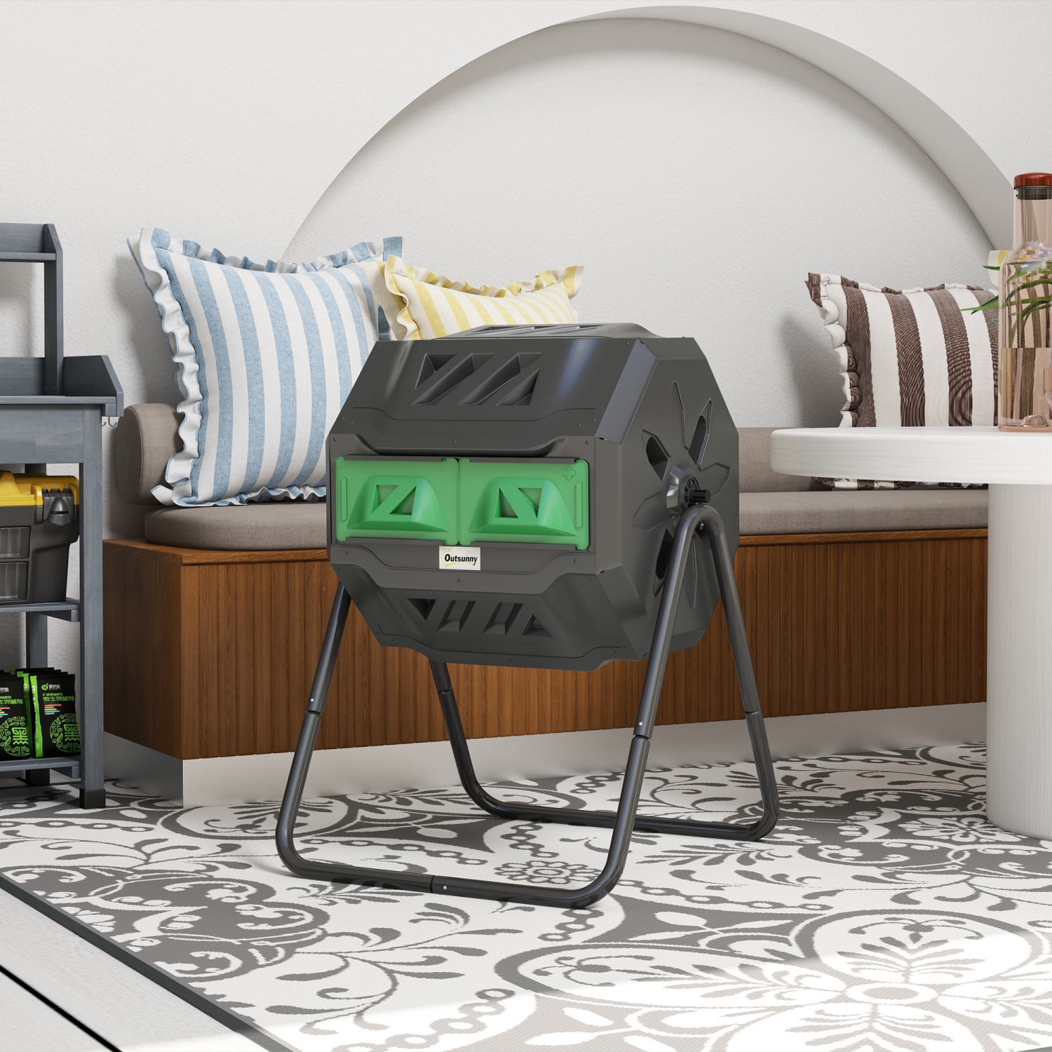 Outsunny – bac à compost d’extérieur de 43 gallons à double chambre pivotant à 360° avec portes coulissantes, cadre en acier massif et gants, vert