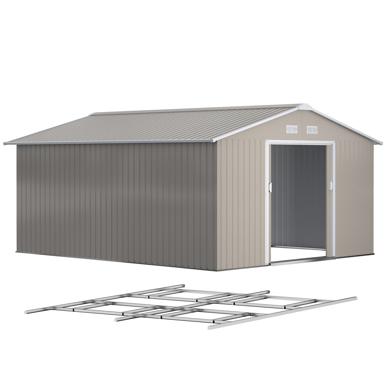 Remise de jardin Outsunny de 11 x 13 pi avec trousse de base, rangement pour outils en métal avec portes doubles pour cour extérieure, gris clair