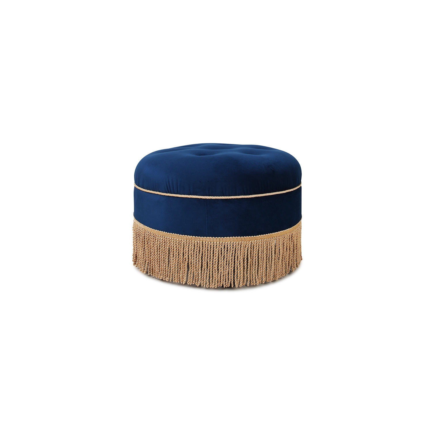 Yolanda Upholstered Round Accent Ottoman Navy Blue Velvet with Gold Trim