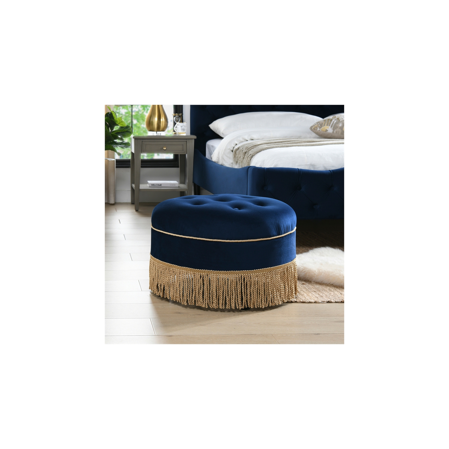 Yolanda Upholstered Round Accent Ottoman Navy Blue Velvet with Gold Trim