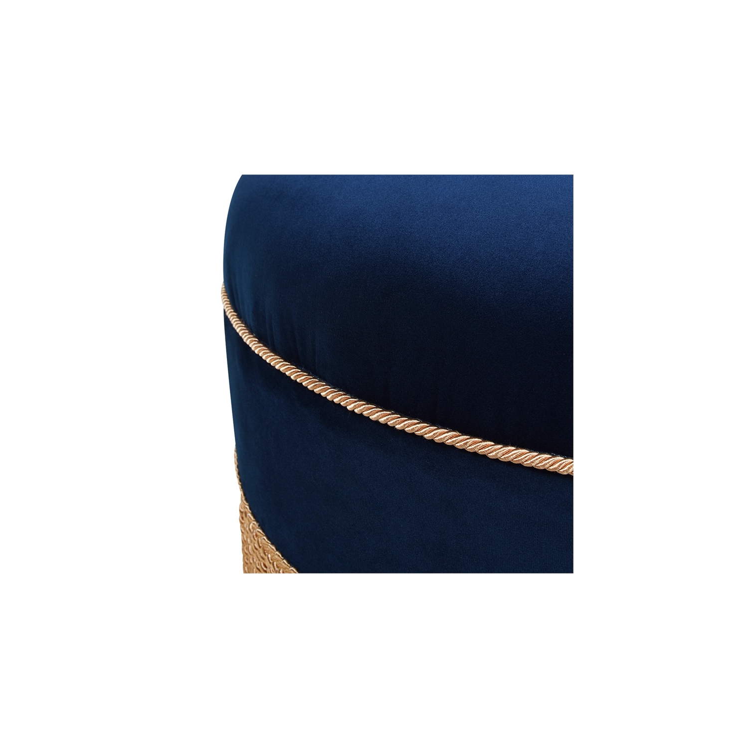 Yolanda Upholstered Round Accent Ottoman Navy Blue Velvet with Gold Trim
