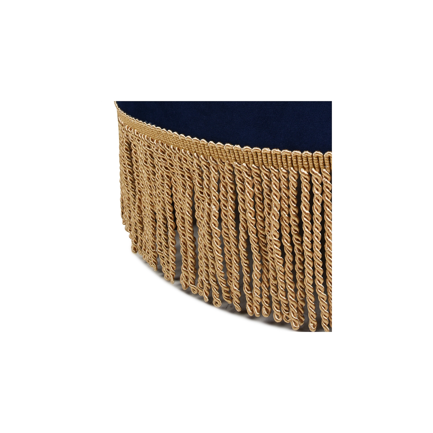 Yolanda Upholstered Round Accent Ottoman Navy Blue Velvet with Gold Trim