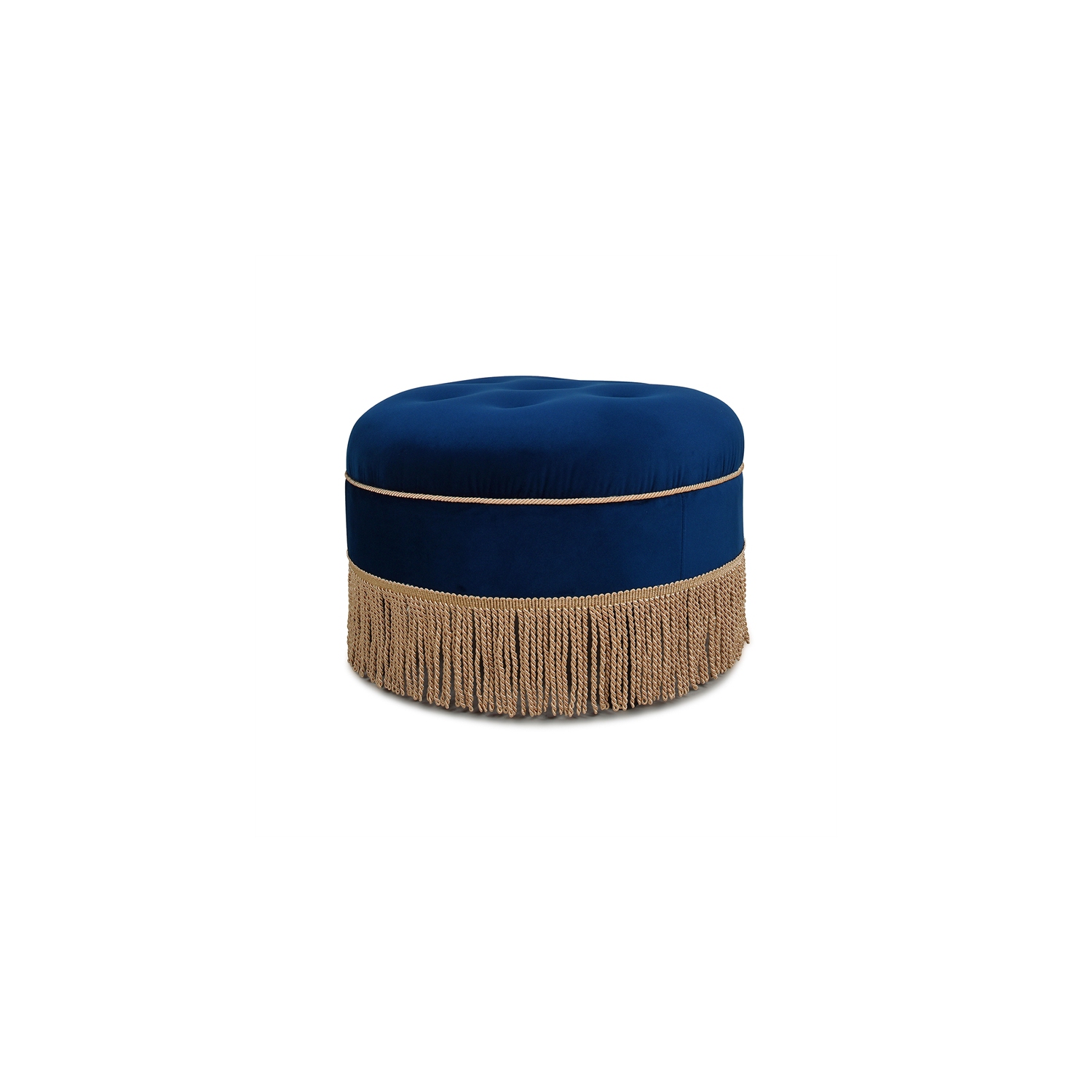 Yolanda Upholstered Round Accent Ottoman Navy Blue Velvet with Gold Trim