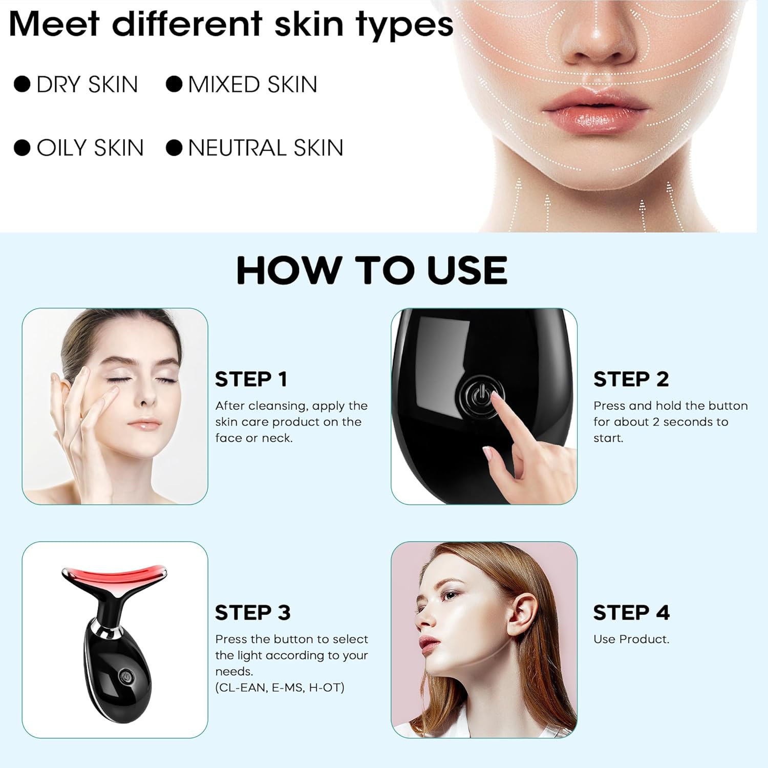 Lance thérapeutique à lumière rouge LED 7 couleurs pour le visage et le cou – Outil de soin de la peau à la maison avec lumière bleue et massage