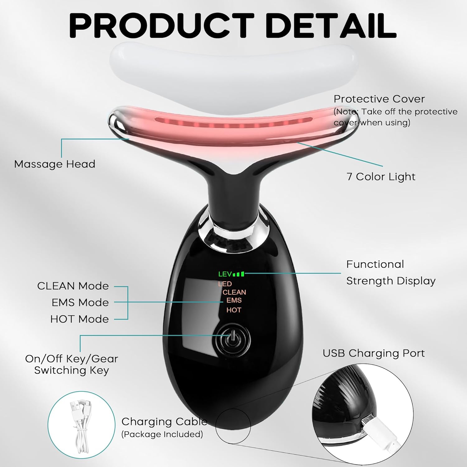 Lance thérapeutique à lumière rouge LED 7 couleurs pour le visage et le cou – Outil de soin de la peau à la maison avec lumière bleue et massage