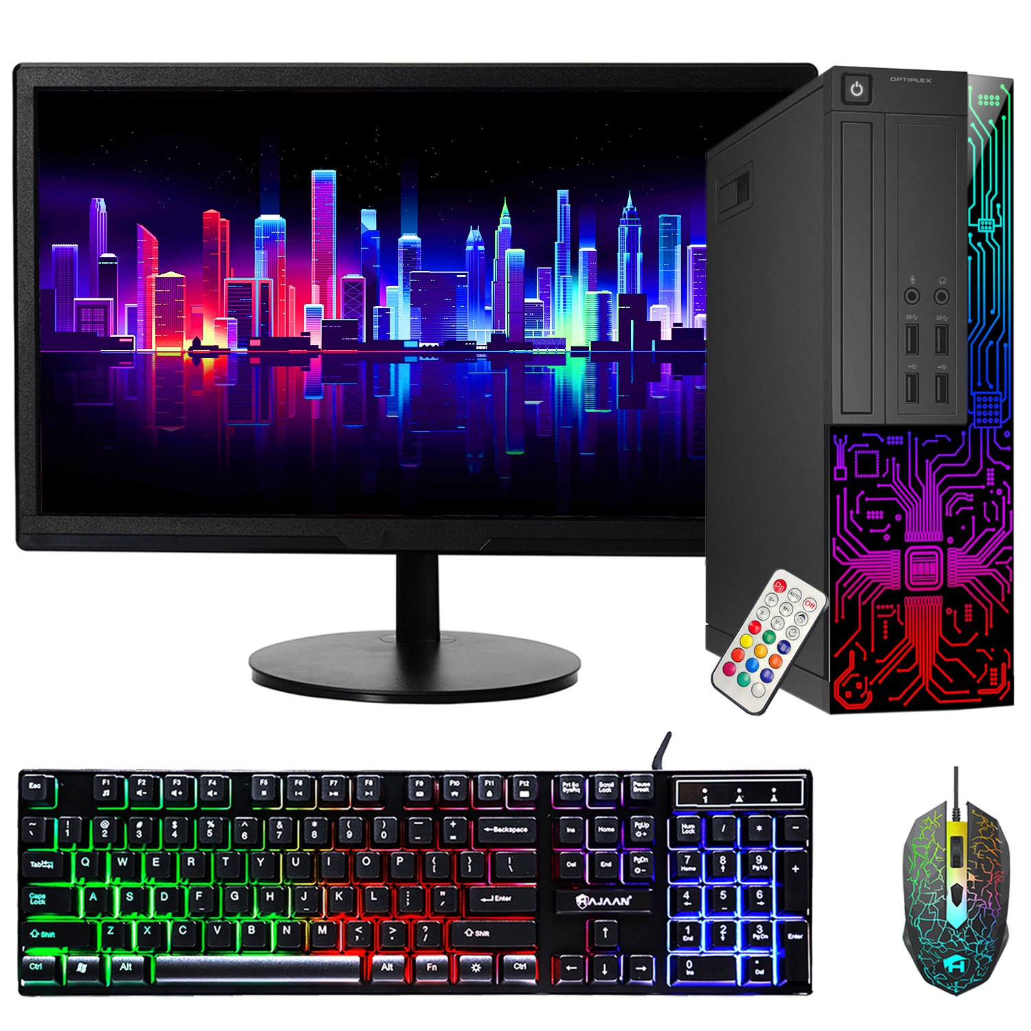 Refurbished (Good) - Dell OptiPlex Desktop Customized RGB Lights Computer with 24 Inch Monitor, Intel i5 Quad-Core Processor, 8GB RAM, 512GB SSD, Wi-Fi, Windows 10